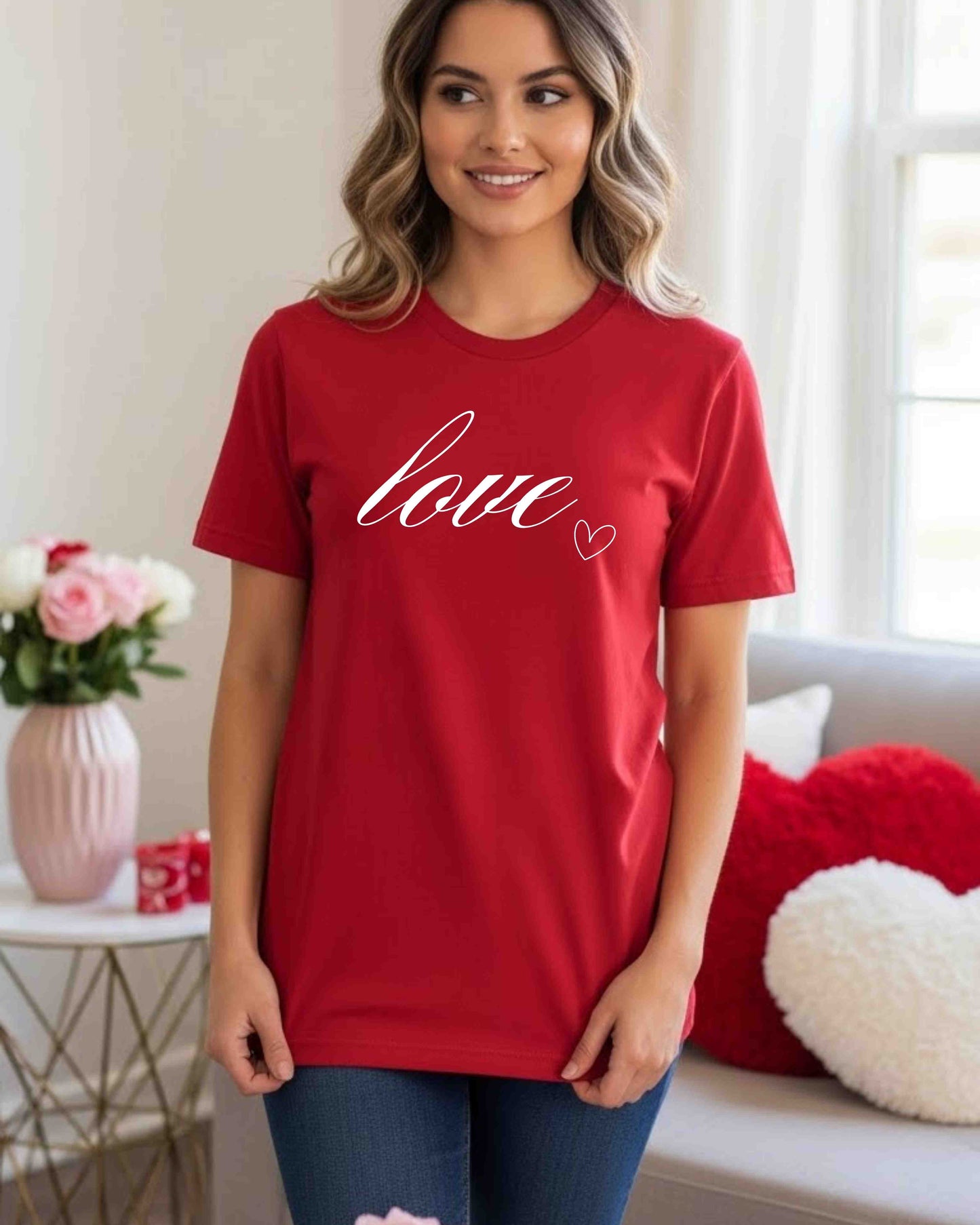 Love Script Shirt – Minimalist Heart Graphic Tee for Women & Teens – Cute Romantic T‑Shirt, Simple Valentine Aesthetic Top
