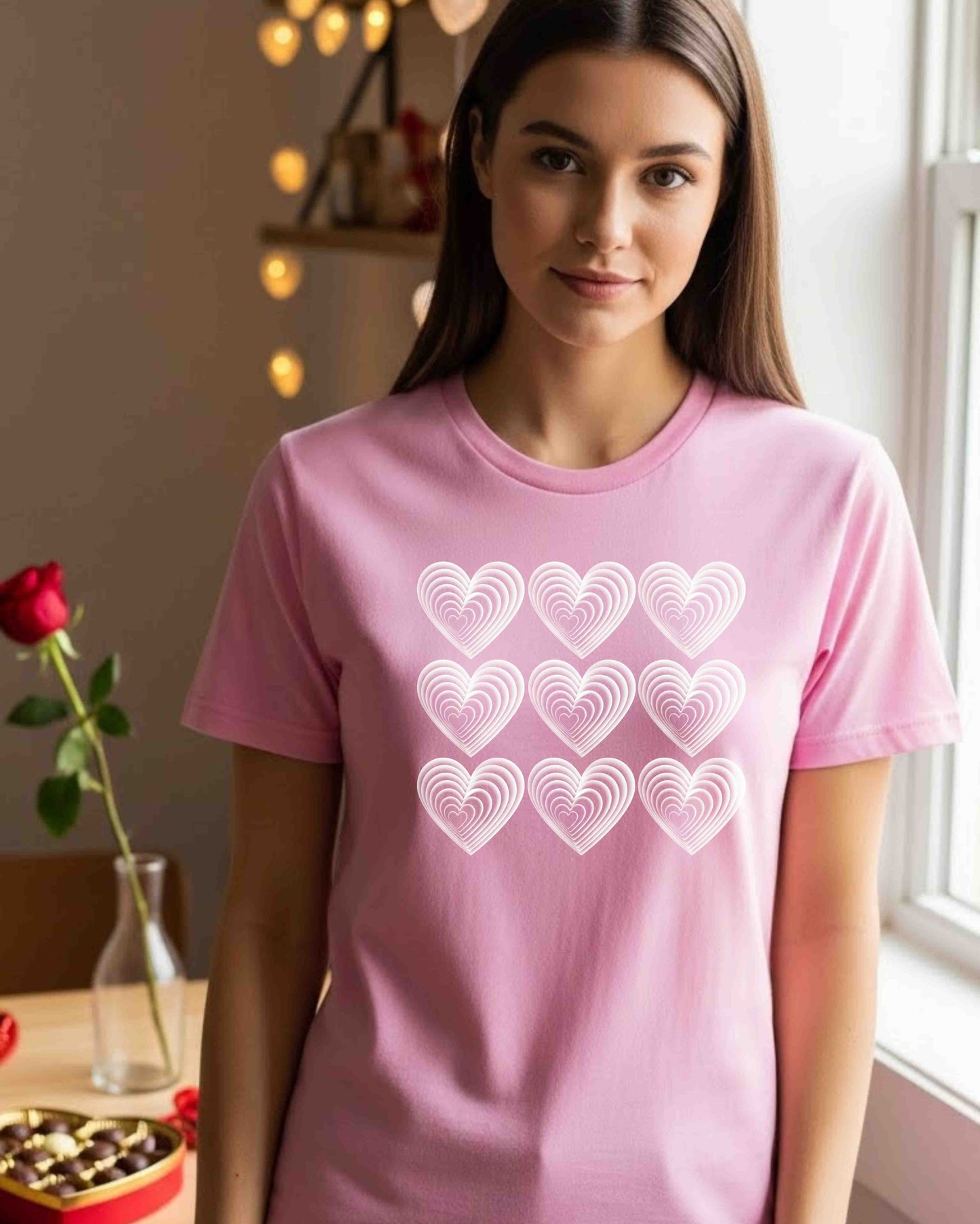 Layered Hearts Shirt – Minimalist Valentine Graphic Tee for Women & Teens – Cute Aesthetic Heart Grid T‑Shirt, Romantic Love Theme Top