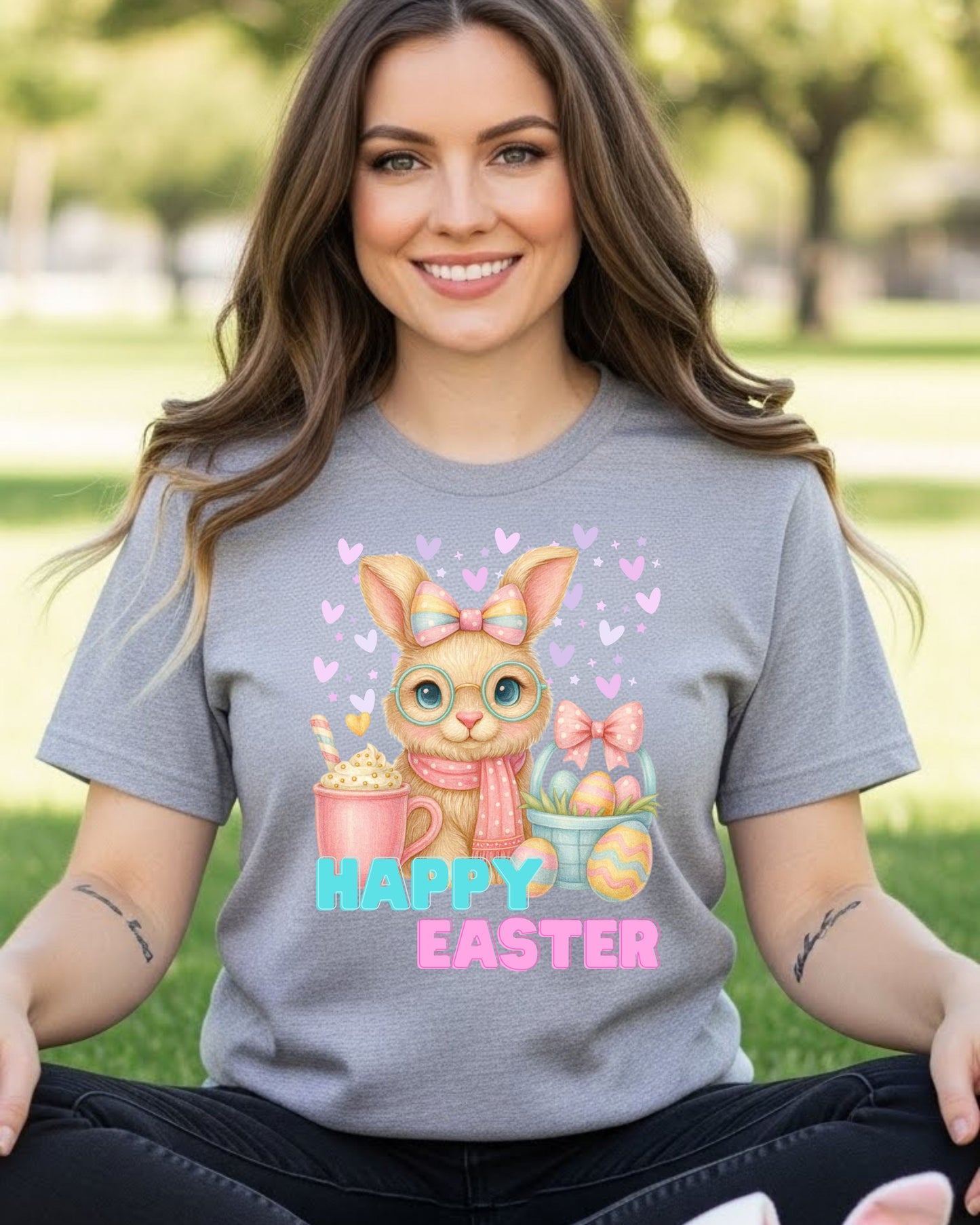 Cute Easter Bunny Shirt – Pastel Bunny with Glasses & Eggs Tee – Kawaii Easter Mug & Basket Graphic, Spring T‑Shirt for Women & Kids