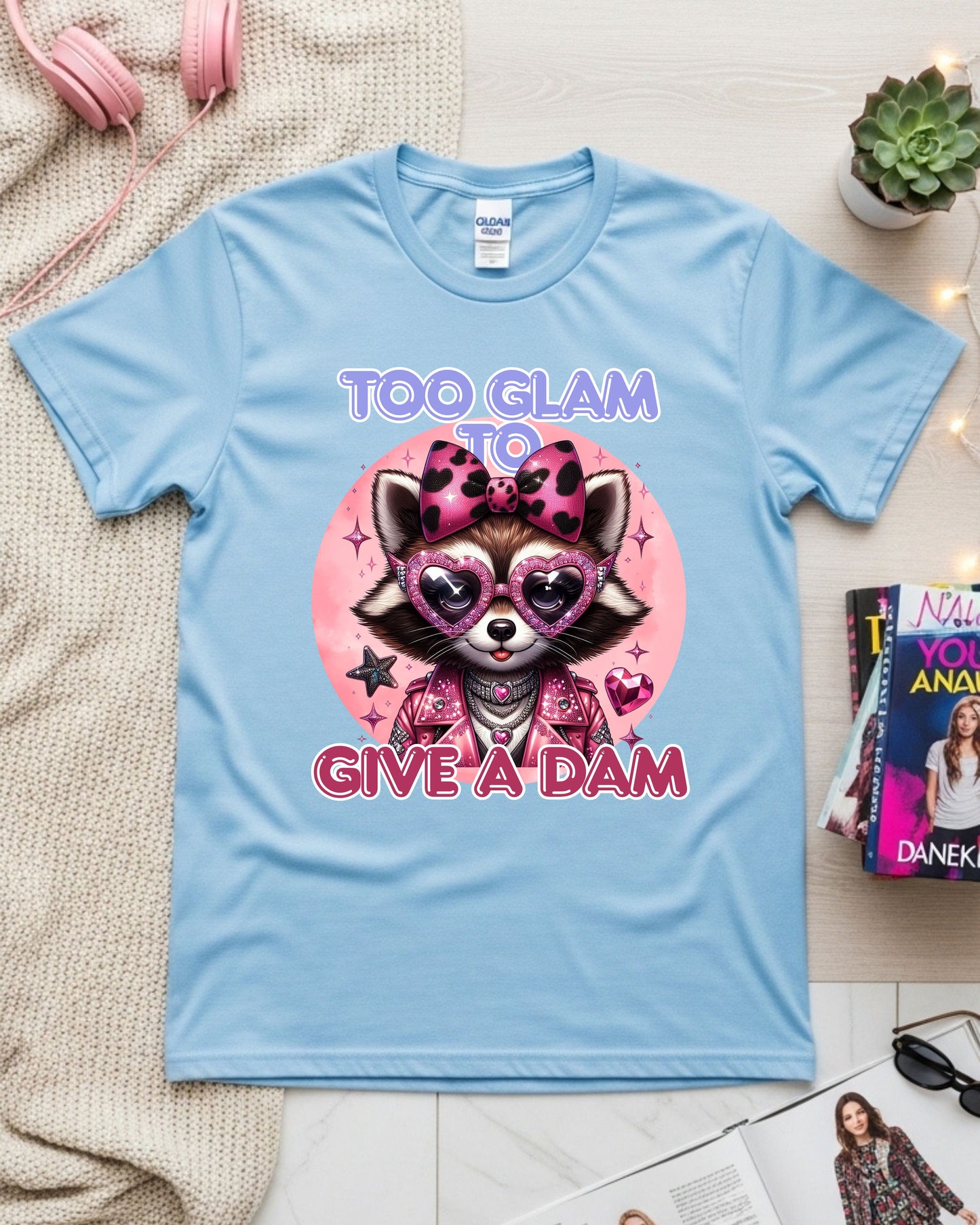 Too Glam to Give a Dam – Sassy Glam Raccoon Fashion Illustration with Rhinestones & Leopard Bow