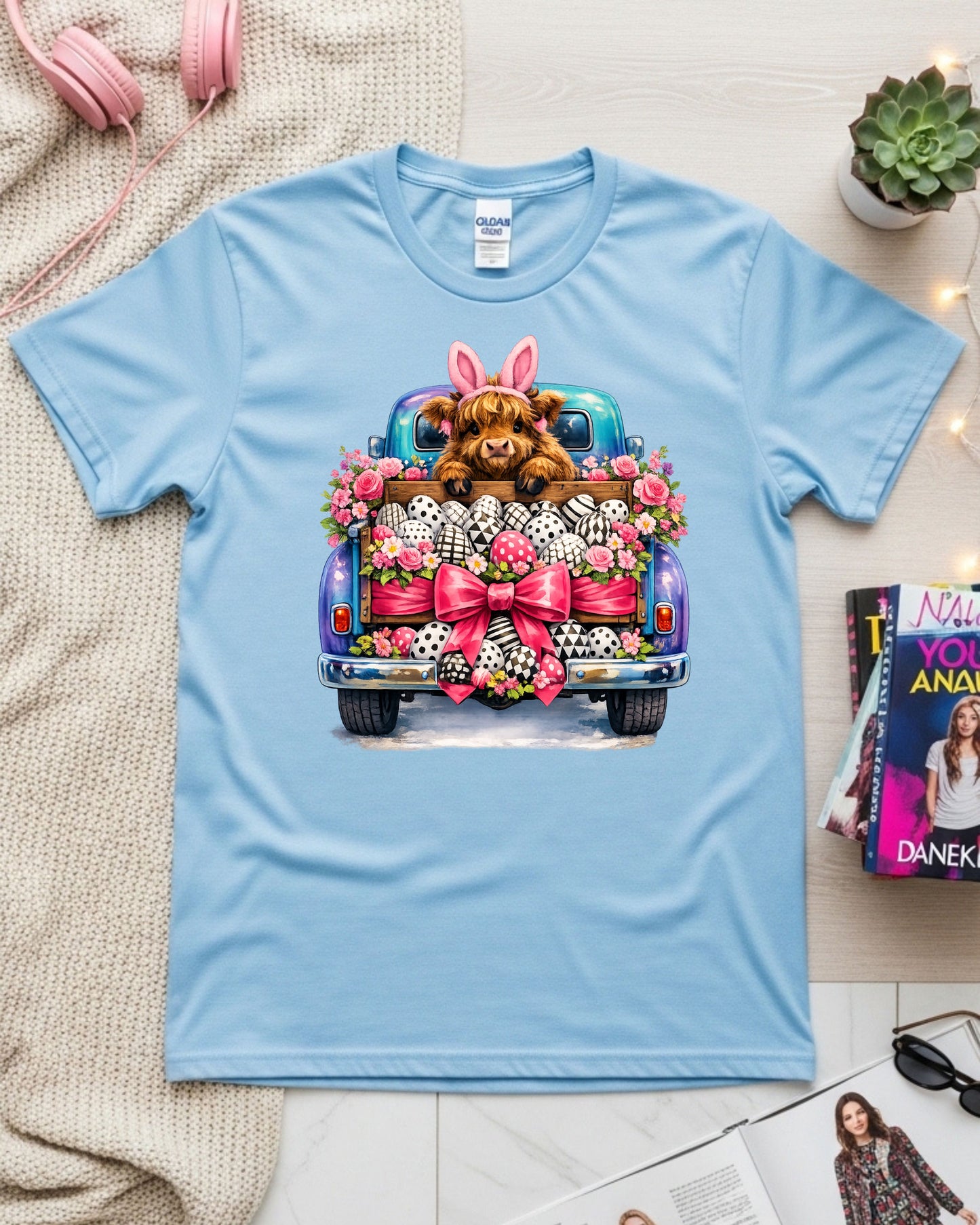 Highland Calf in Easter Truck with Bunny Ears and Patterned Eggs