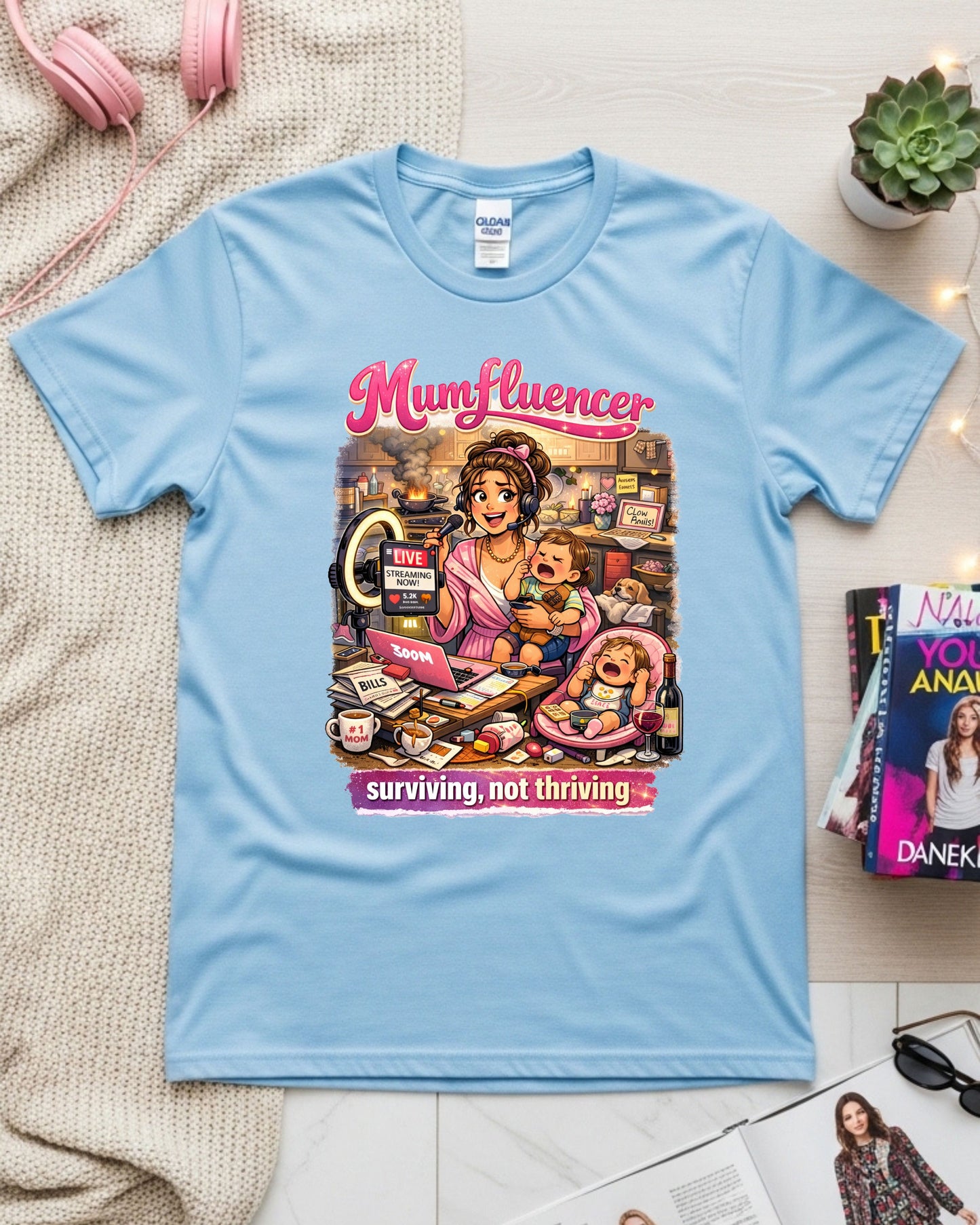 Mumfluencer T‑Shirt Surviving Not Thriving Funny Mum Life Tee Overwhelmed Mom Shirt Relatable Parenting Gift Busy Mom Humour Top