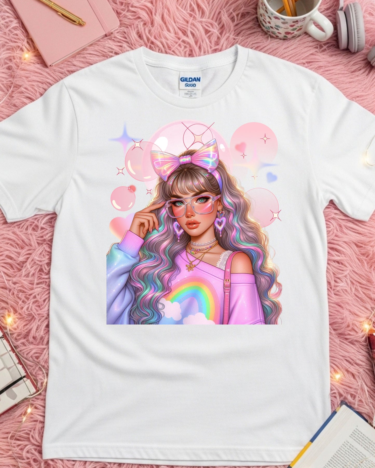 Kawaii Pastel Girl T‑Shirt Soft Girl Aesthetic Tee Gen Z Rainbow Hair Graphic Cute Pastel Anime‑Inspired Top Whimsical Aesthetic Shirt