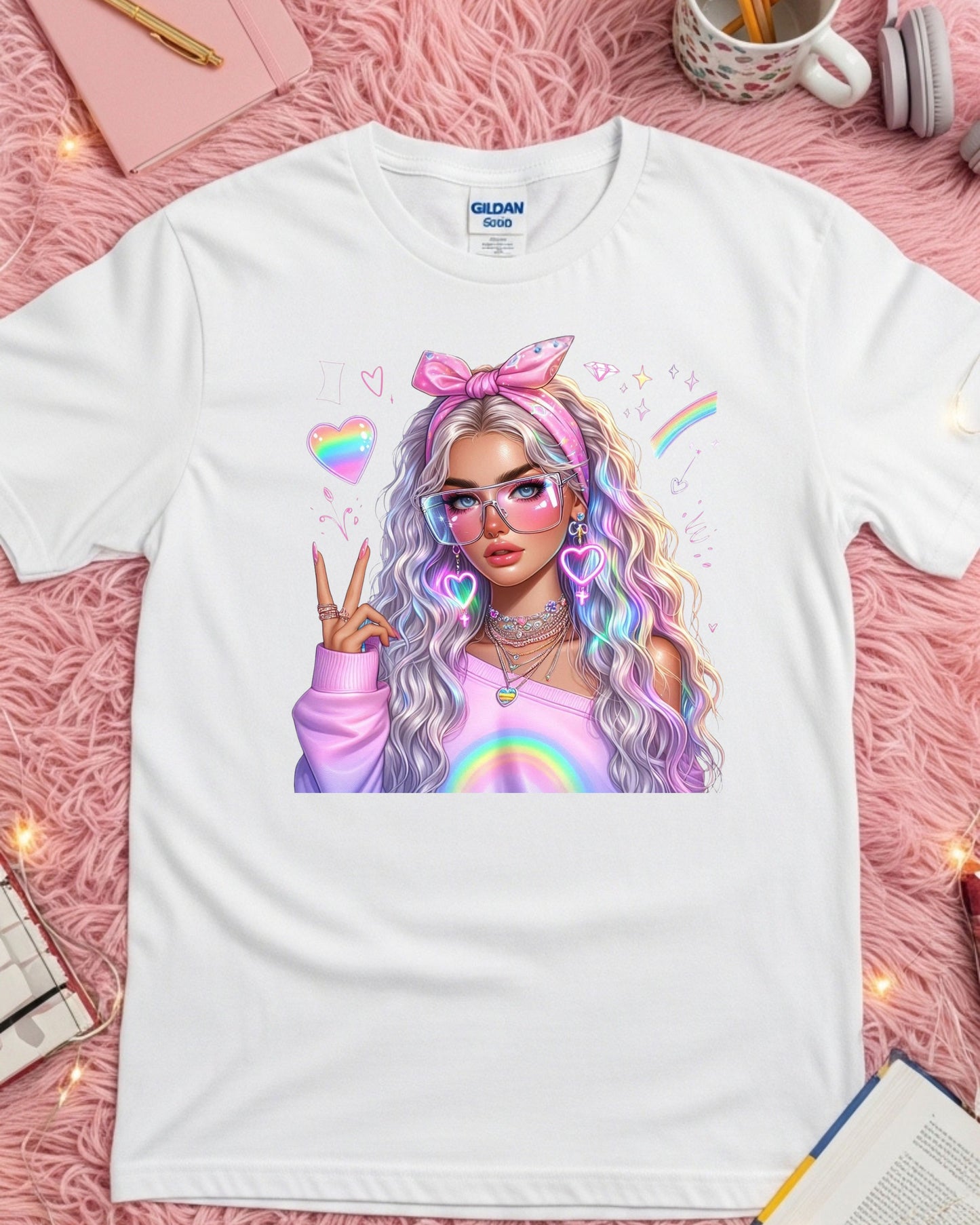 Kawaii Pastel Girl T-Shirt: Rainbow Hair Anime Graphic Top