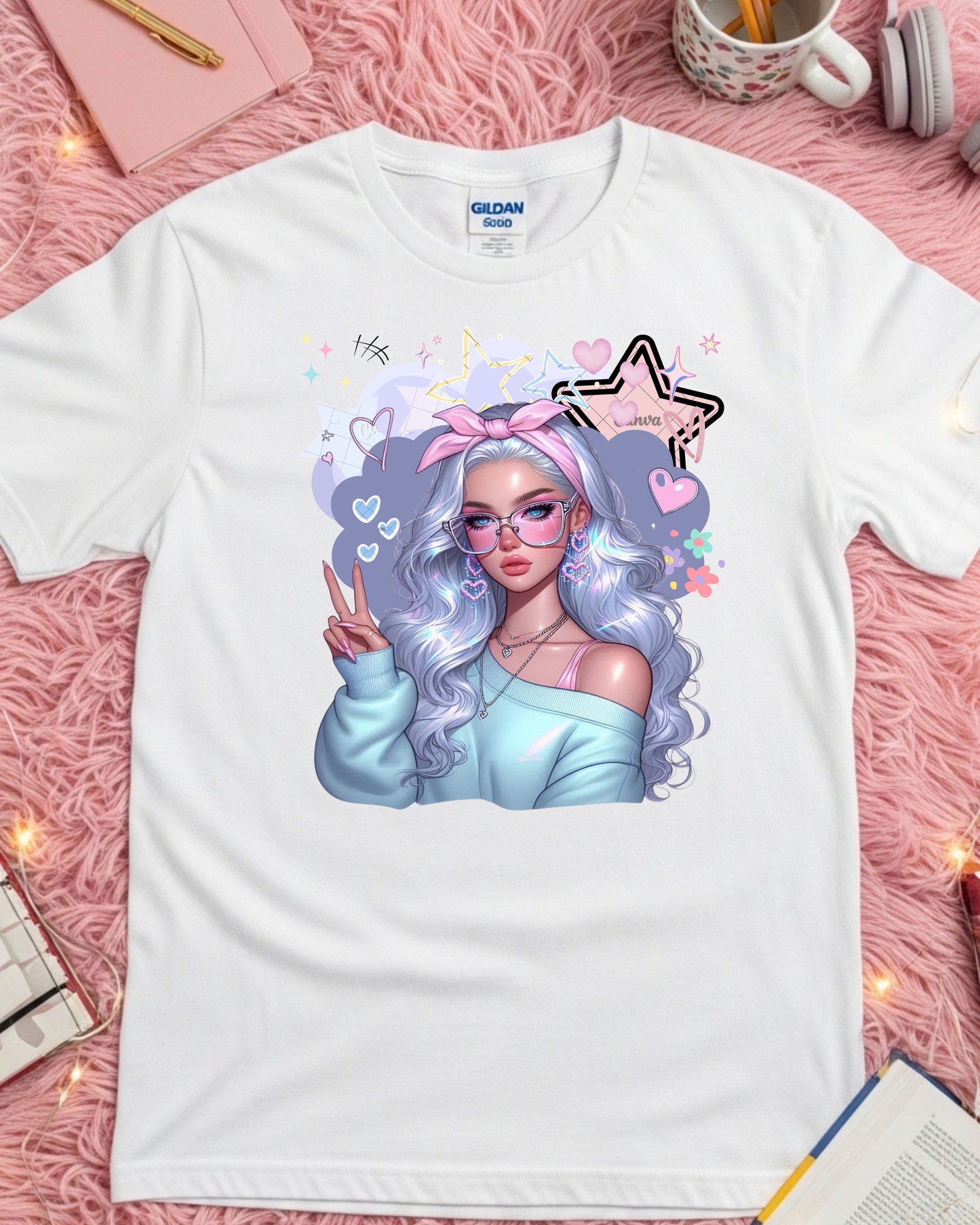 Kawaii Pastel Girl T‑Shirt Soft Girl Aesthetic Tee Gen Z Pastel Hair Graphic Cute Anime‑Inspired Top Whimsical Pastel Blue Aesthetic Shirt