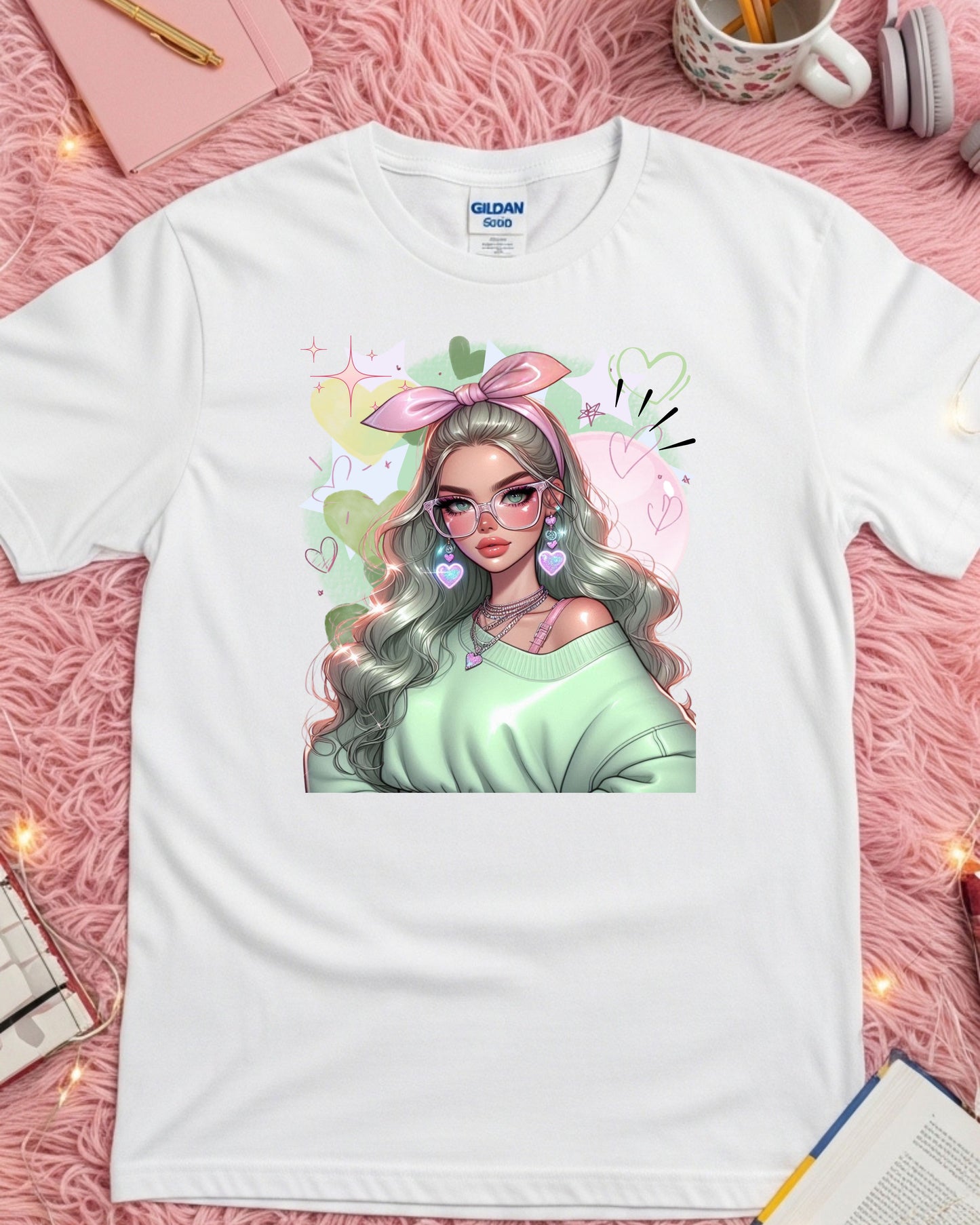 Kawaii Pastel Girl T‑Shirt • Soft Girl Aesthetic Tee • Gen Z Mint Green Graphic • Cute Anime‑Inspired Top • Whimsical Pastel Aesthetic Shirt
