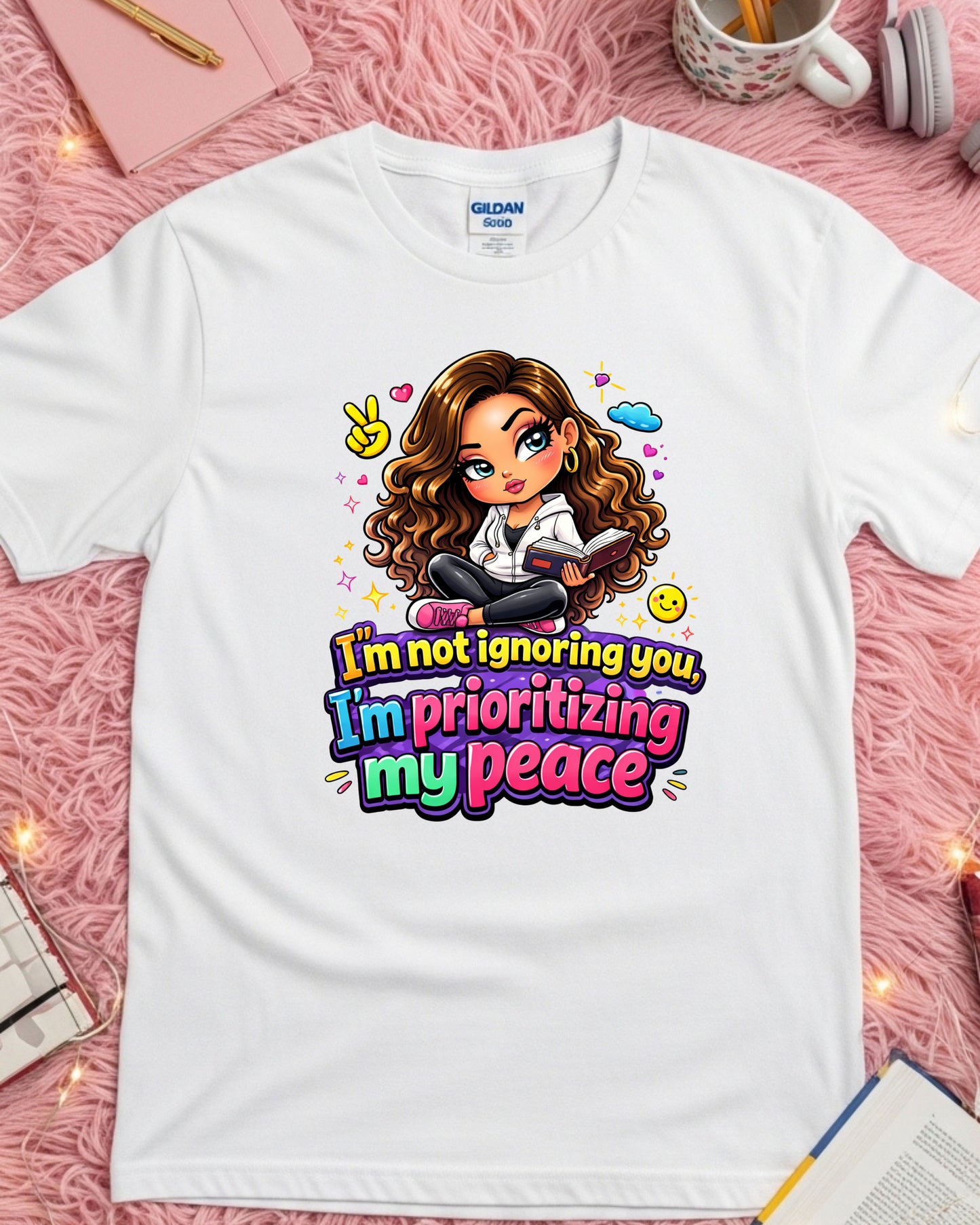 Prioritizing My Peace Shirt • Self Care Graphic Tee • Cute Cartoon Girl T‑Shirt • Mental Health Awareness Top