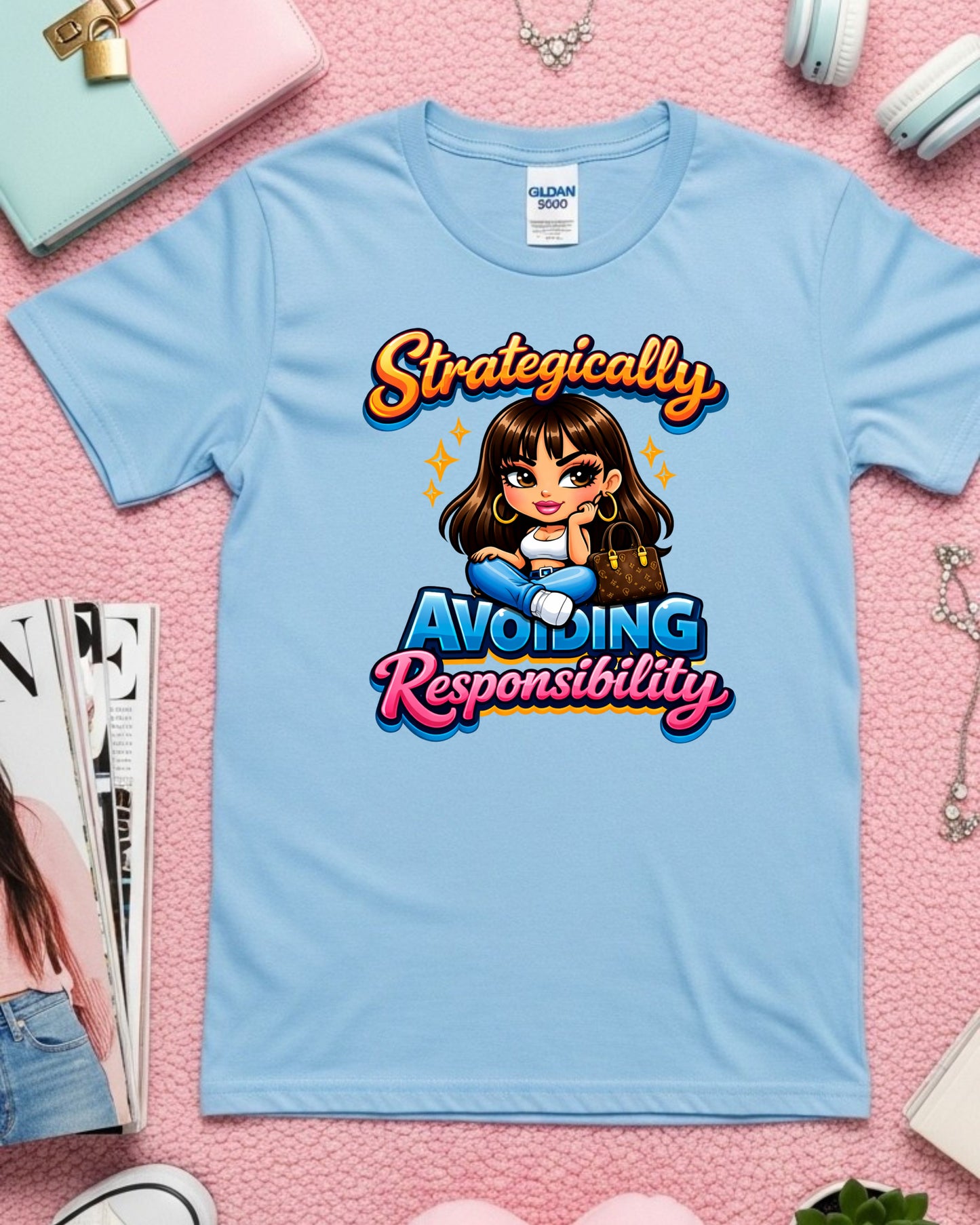 Avoiding Responsibility Shirt Funny Lazy Girl Tee Cute Cartoon Graphic T‑Shirt Sassy Aesthetic Top Relatable Humour Gift for Women