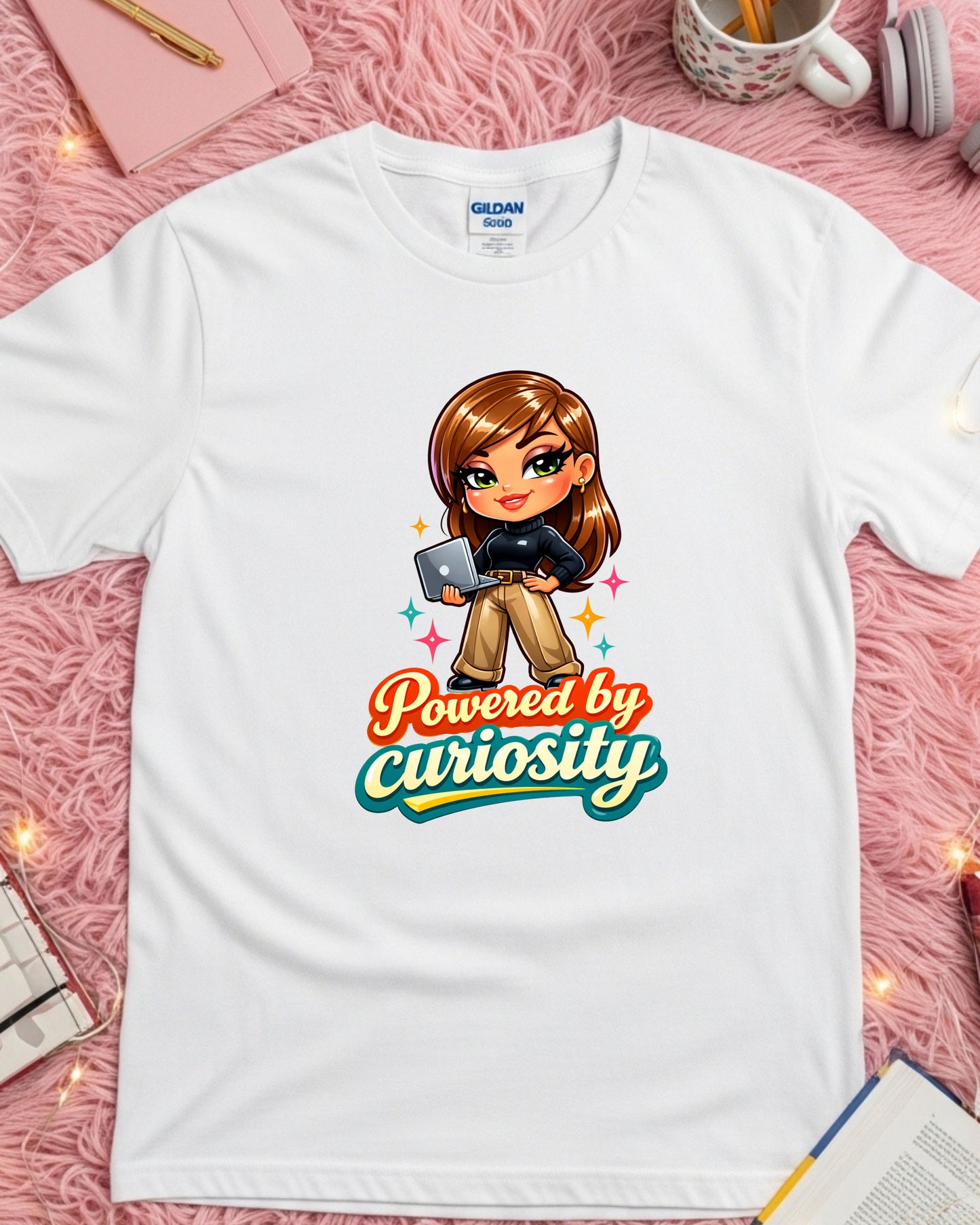 Powered by Curiosity Shirt Motivational Graphic Tee Cute Tech Girl T‑Shirt Learning Mindset Top