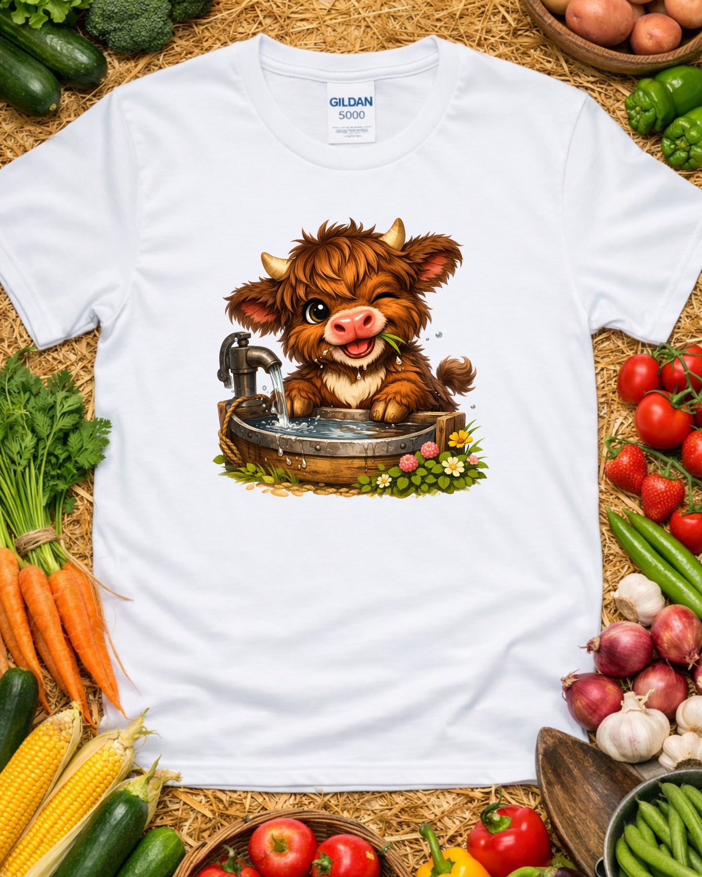 Cute Baby Highland Cow, Kawaii Farm Animal Illustration, Rustic Wash Tub Cow Art for Sublimation & Kids Decor