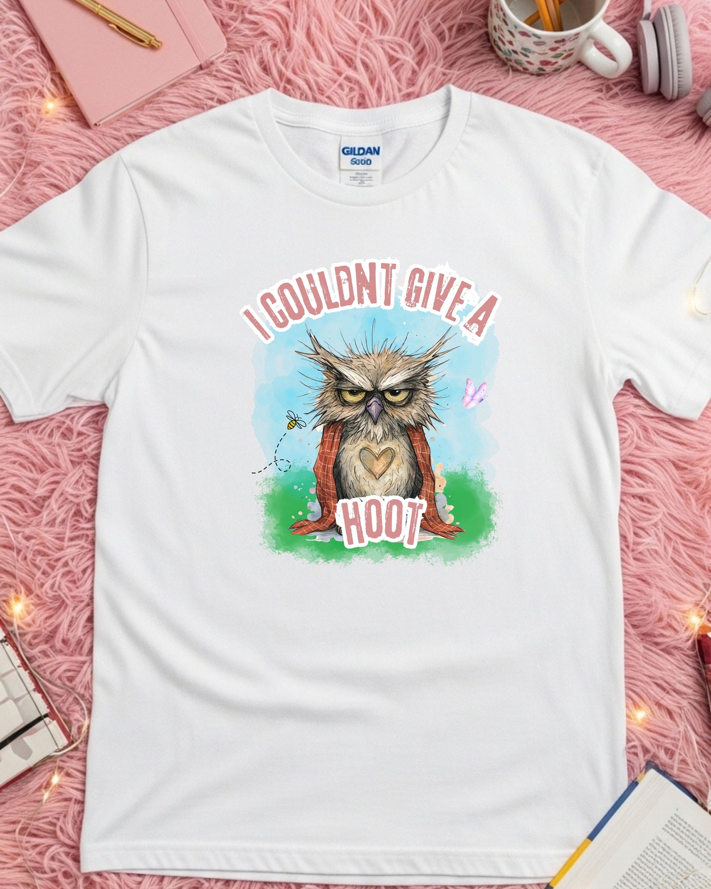 I Couldn’t Give a Hoot T‑Shirt – Grumpy Owl Graphic with Blanket, Cute Woodland Sarcasm Design