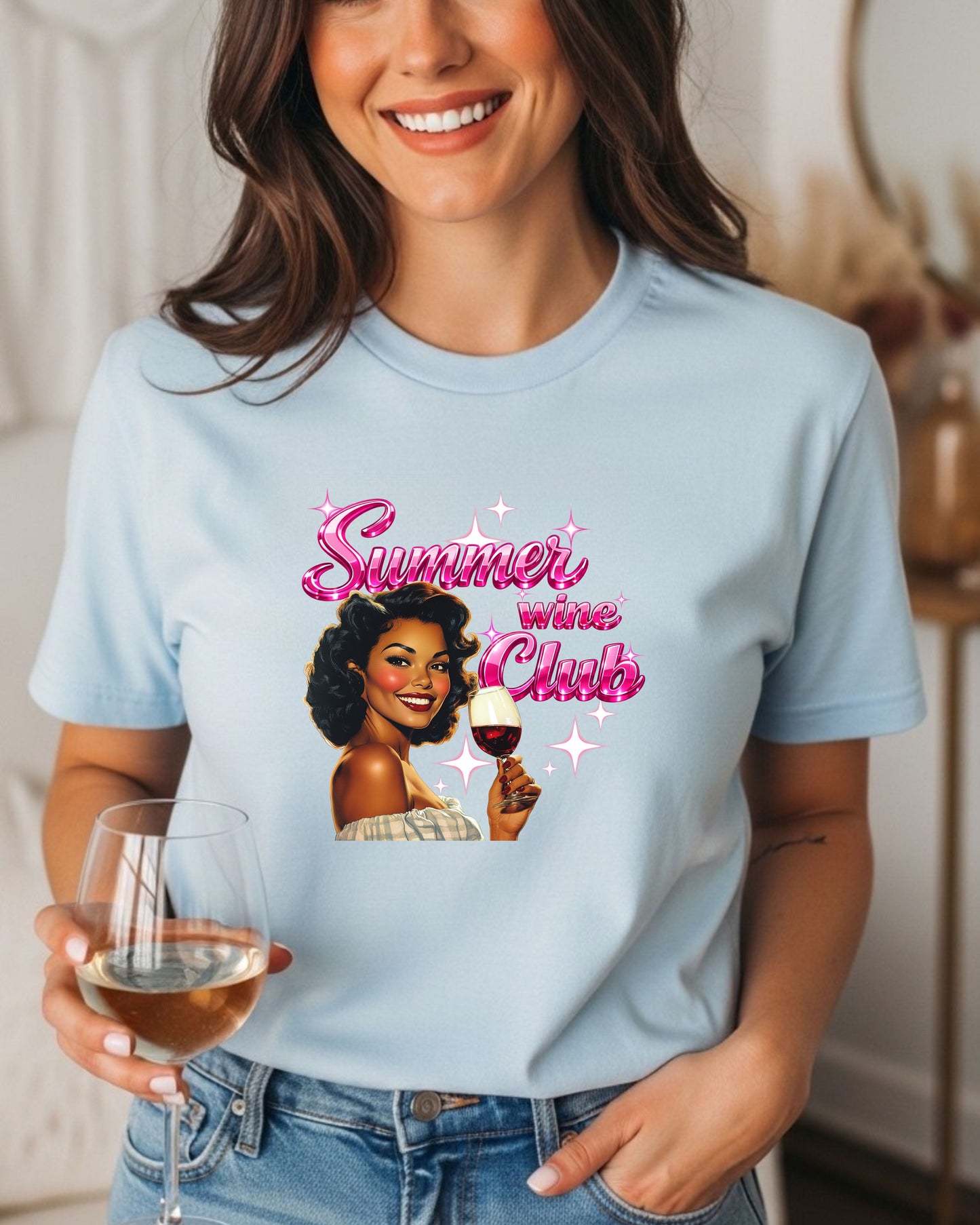 Summer Wine Club T‑Shirt – Retro Glam Woman with Wine Glass, Sparkly Pink Text, Fun Girls’ Night Graphic