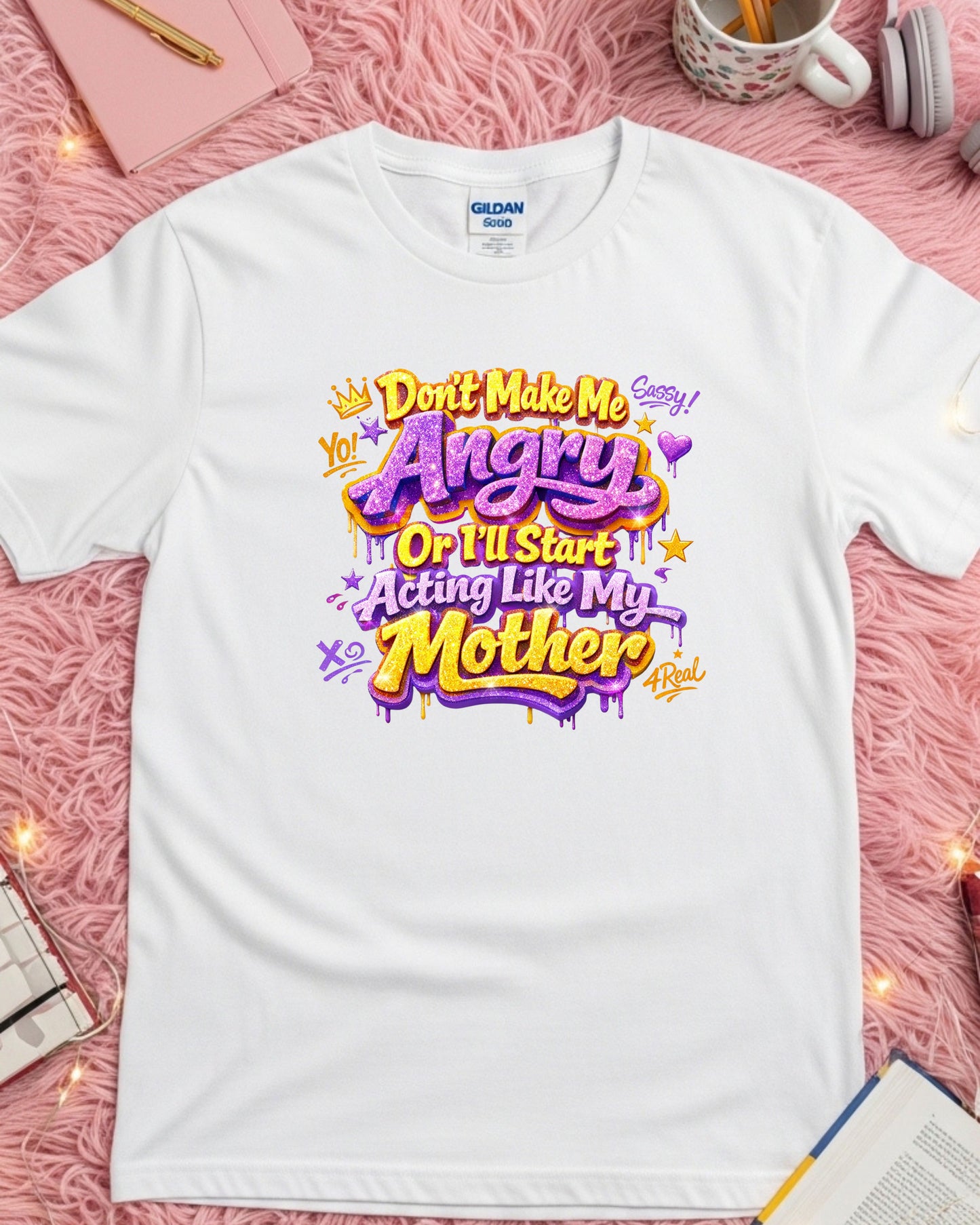 Don’t Make Me Angry Shirt – Purple & Gold Glitter Graffiti Sassy Tee