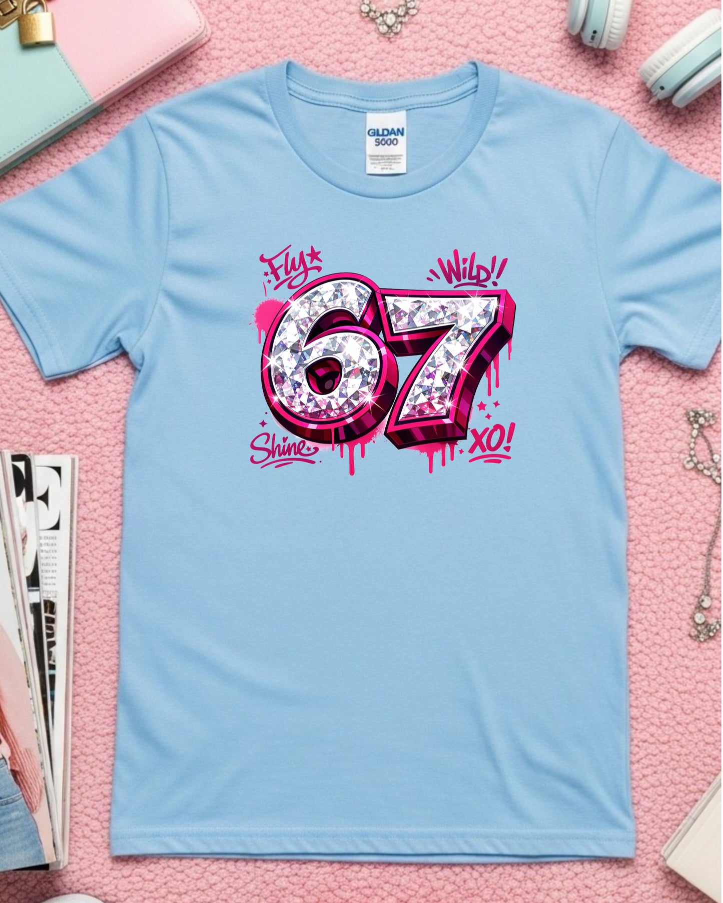 67 Graffiti Shirt – Pink Drip Diamond Number Graphic Tee