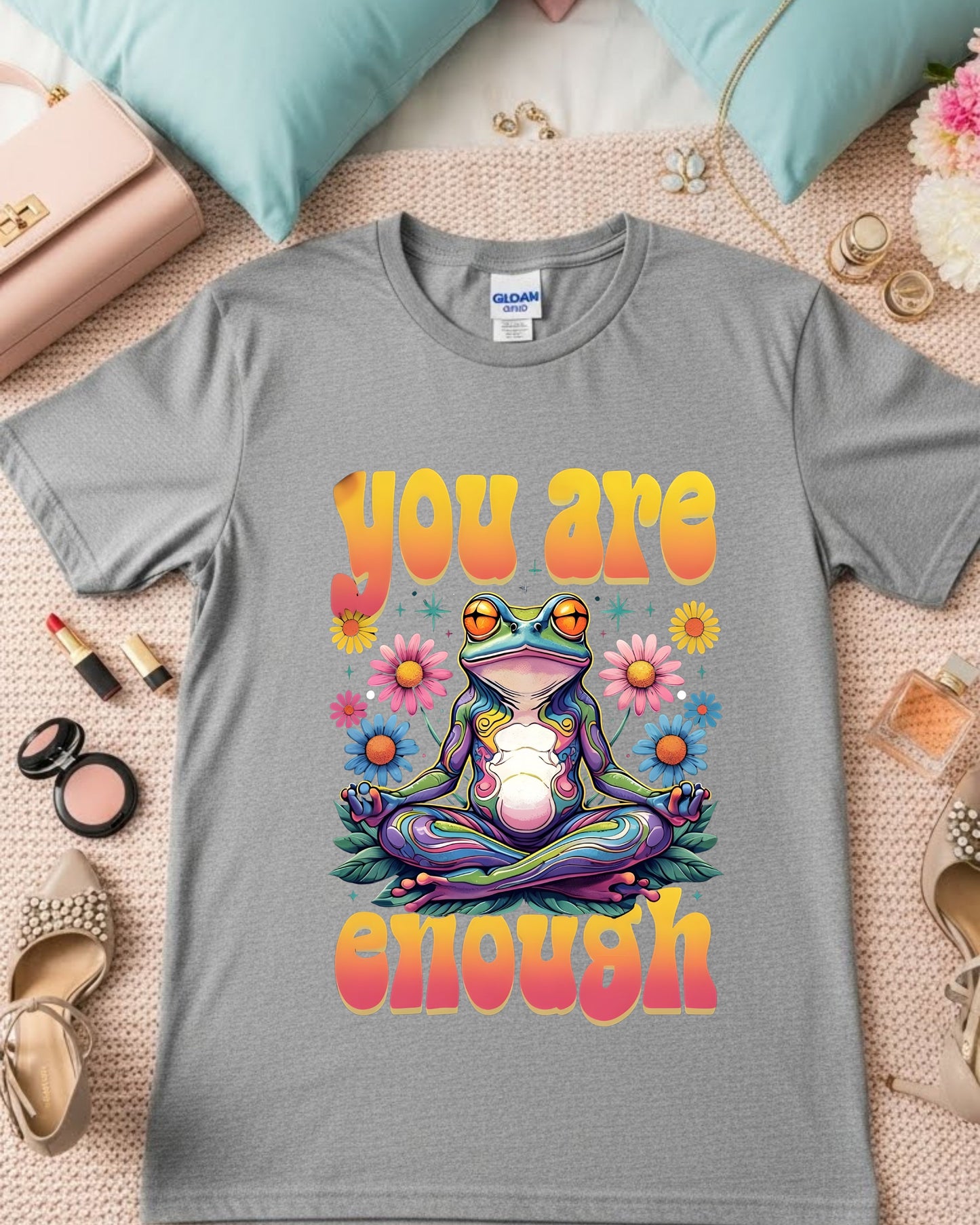 You Are Enough Shirt – Psychedelic Meditating Frog Tee for Women & Teens – Colourful Positive Affirmation T‑Shirt, Retro Spiritual Graphic Top