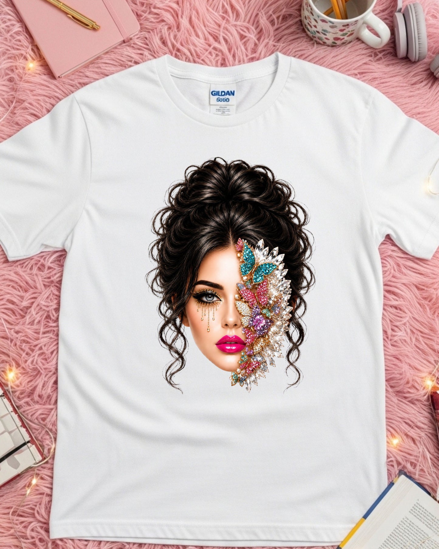 Jeweled Butterfly Woman Shirt, Glam Beauty Graphic Tee, Luxury Rhinestone Butterfly Face