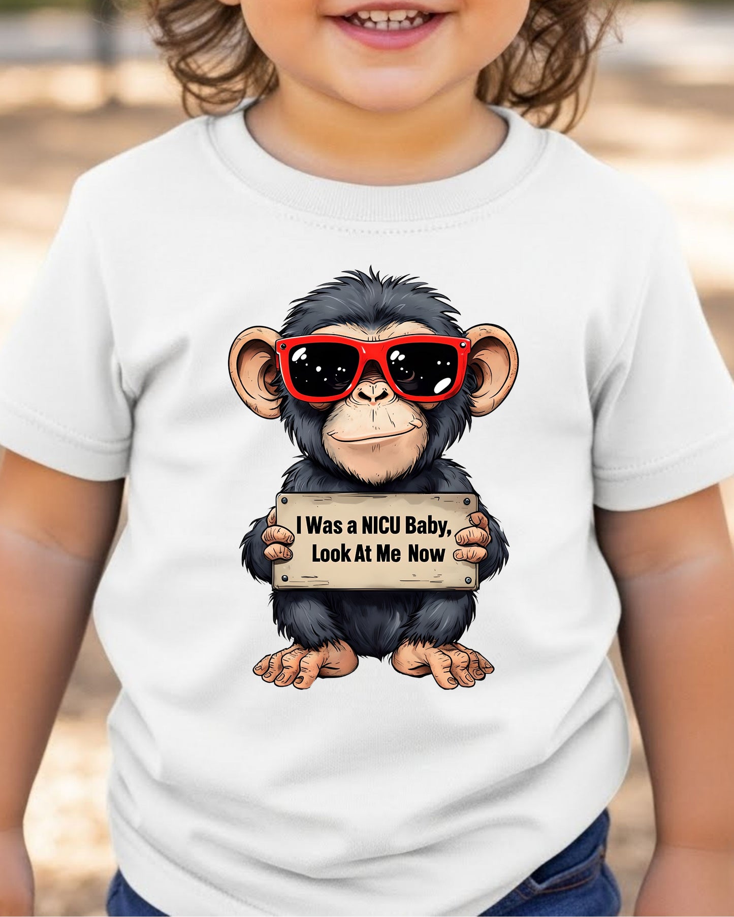 NICU Baby Shirt – “Look at Me Now” Preemie Milestone Tee for Kids – Inspirational NICU Graduate T‑Shirt, Cute Chimp Cartoon Design
