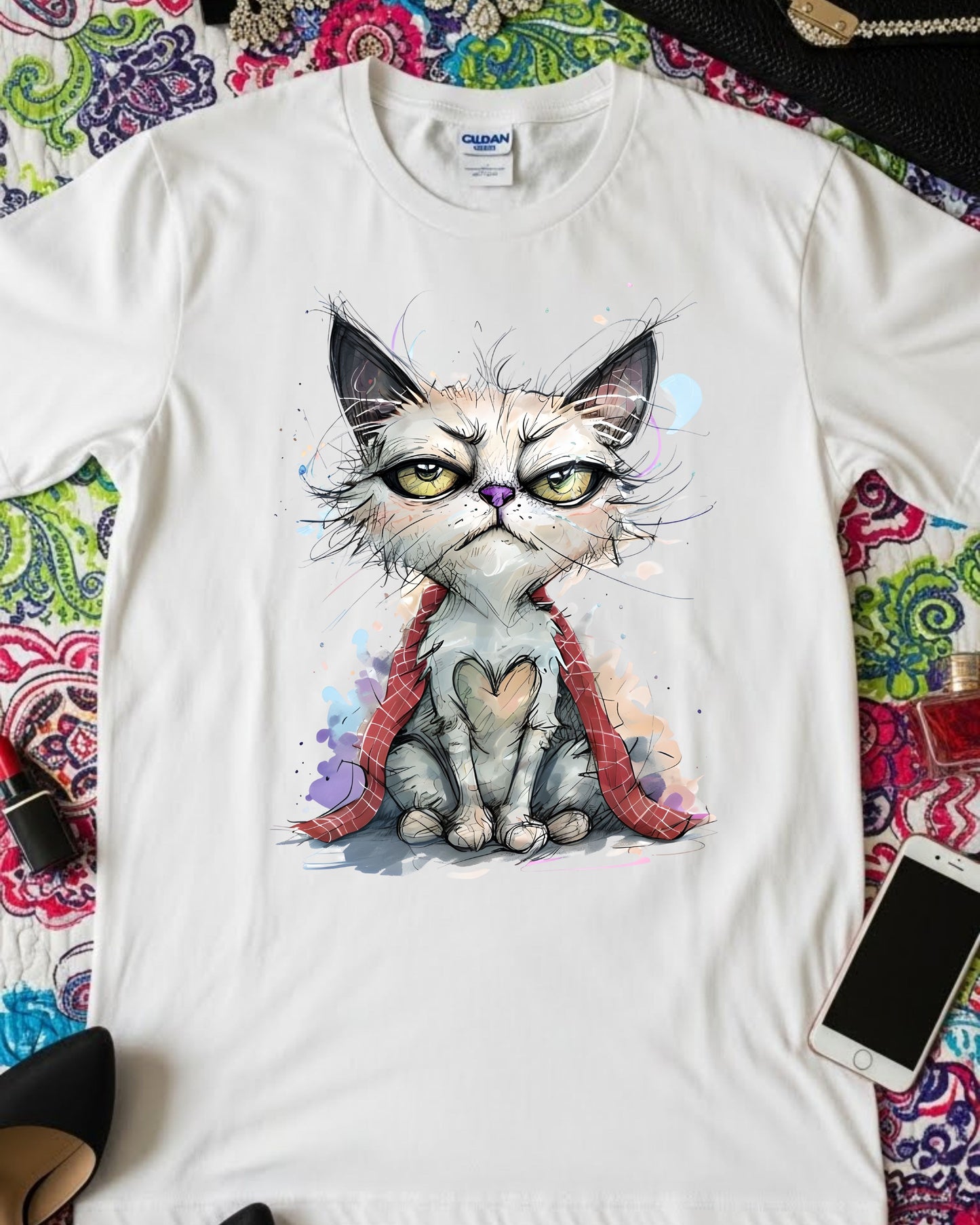 Grumpy Cat Shirt – Cute Artsy Cat Illustration Tee for Women & Teens – Whimsical Kitty Graphic T‑Shirt, Funny Pet Lover Top, Pastel Aesthetic Design