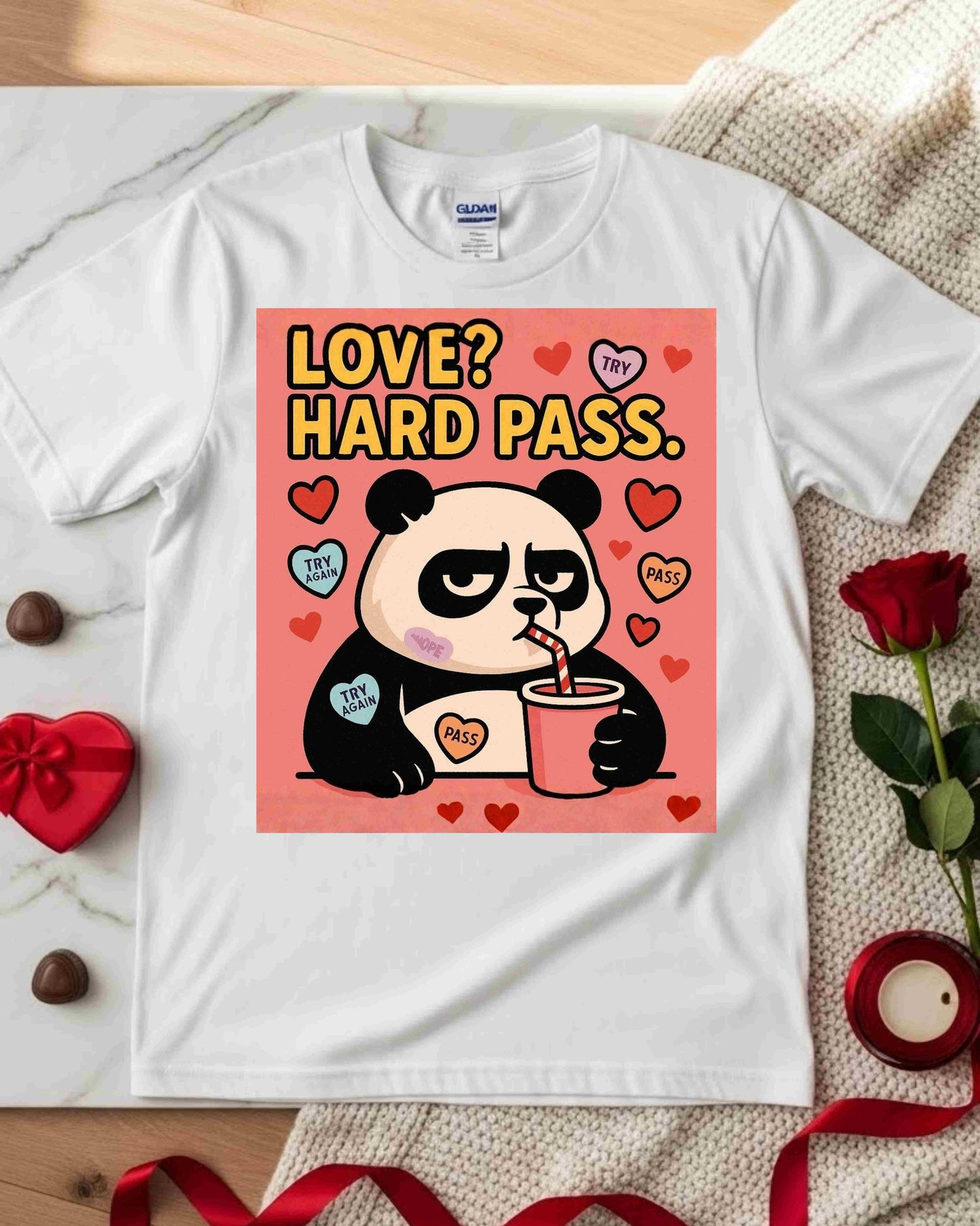 Love? Hard Pass” Panda Tee – Cute Anti‑Romance, Sassy Valentine’s Gift, Cartoon Animal Graphic