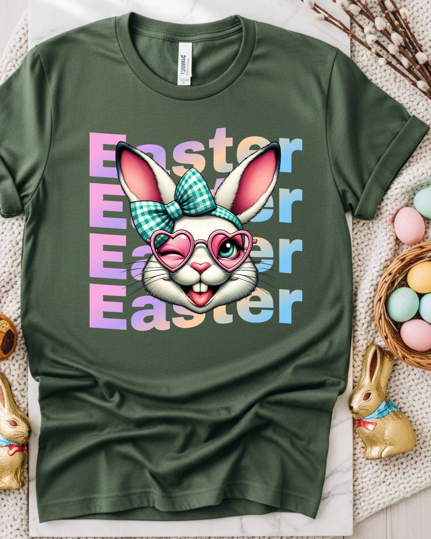 Retro Easter Bunny Face Graphic – Teal Checked Bow & Pink Heart Glasses, Cute Kawaii Easter Clipart for Stickers, Shirts & Spring Decor