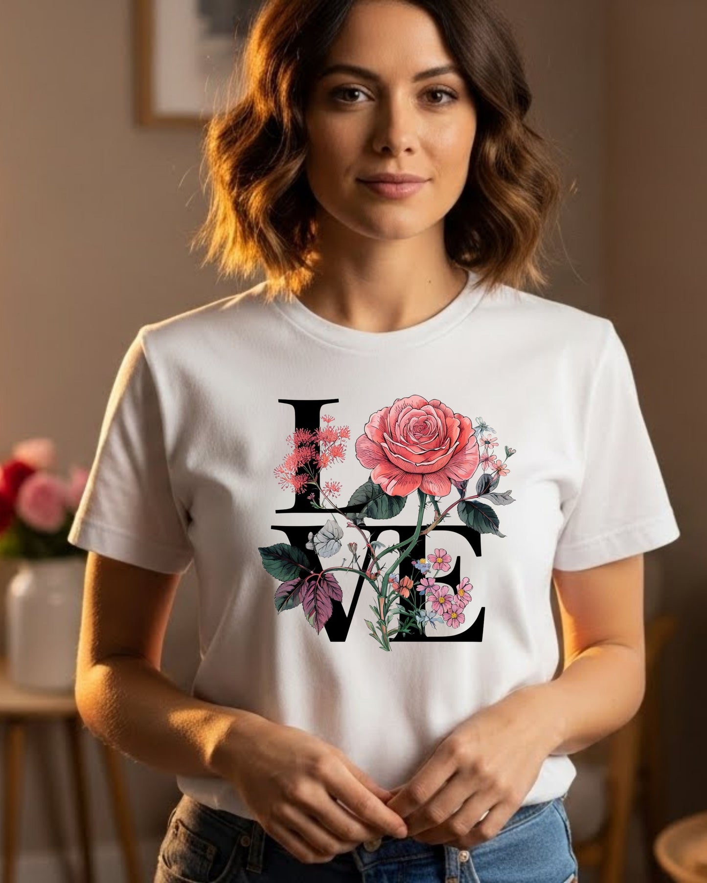 LOVE Floral Shirt – Romantic Flower Graphic Tee for Women – Cute Valentine’s Day T‑Shirt, Botanical Love Design, Aesthetic Spring Top