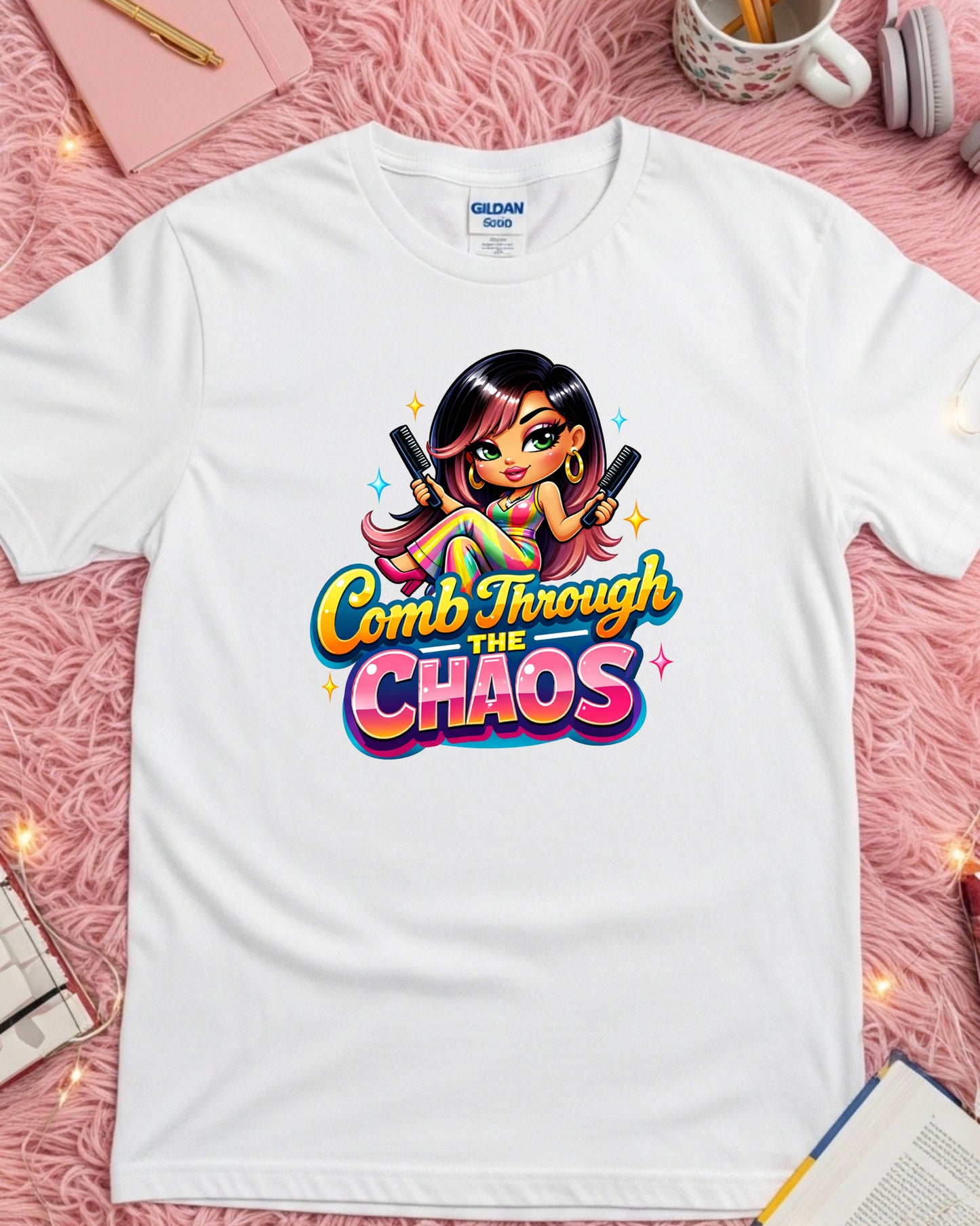 Comb Through the Chaos Shirt Funny Hairstylist Tee Colourful Salon Stylist T‑Shirt Braider Graphic Top Cosmetology Gift