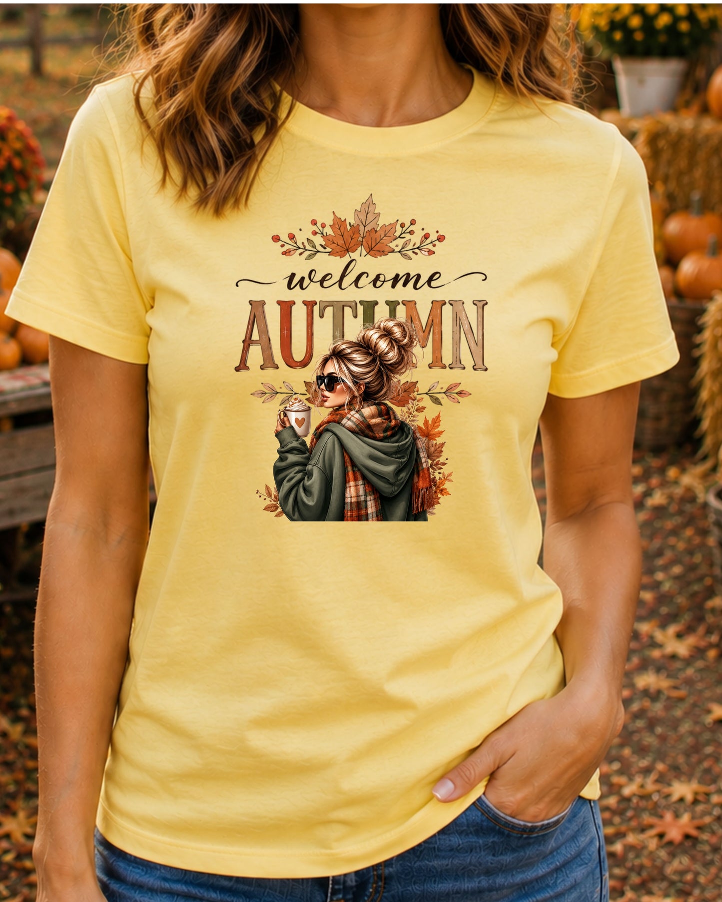 Welcome Autumn Cozy Fall Girl with Coffee Design Fall Season T-Shirt