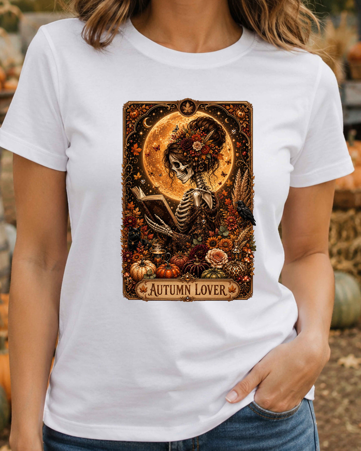 Autumn Gothic Lover Skeleton Witchy Tarot Card T-Shirt