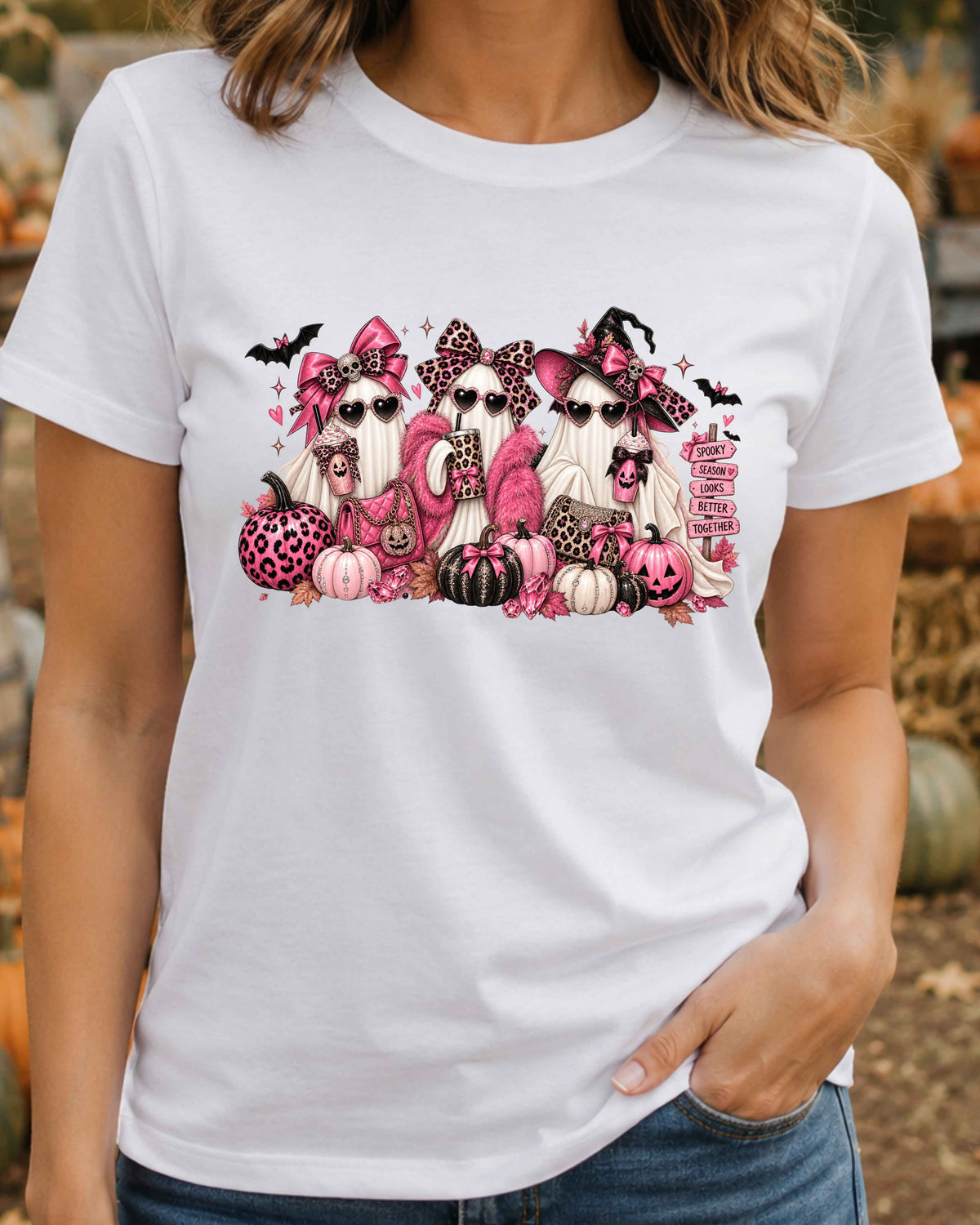 Pink Ghost Halloween T-Shirt, Girly Spooky Season Shirt, Leopard Print Ghosts, Coquette Halloween T-Shirt