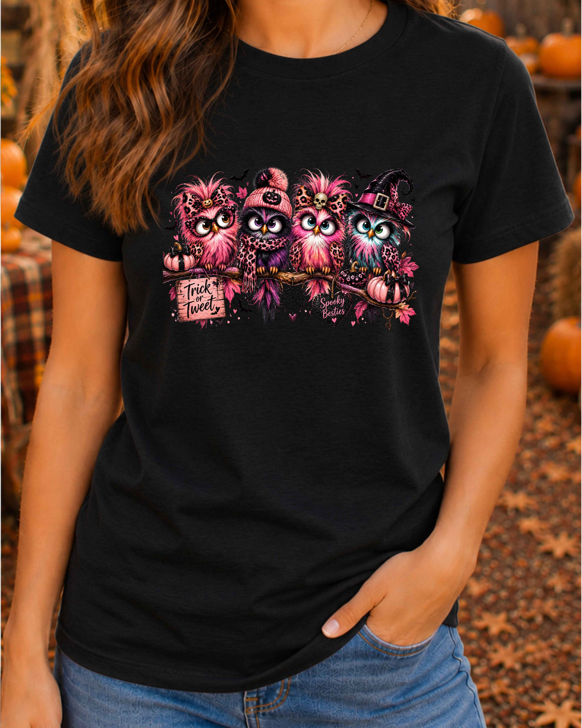 Spooky Besties Halloween T-Shirt, Pink Owl Shirt, Leopard Print Halloween, Trick or Tweet Witchy T-Shirt
