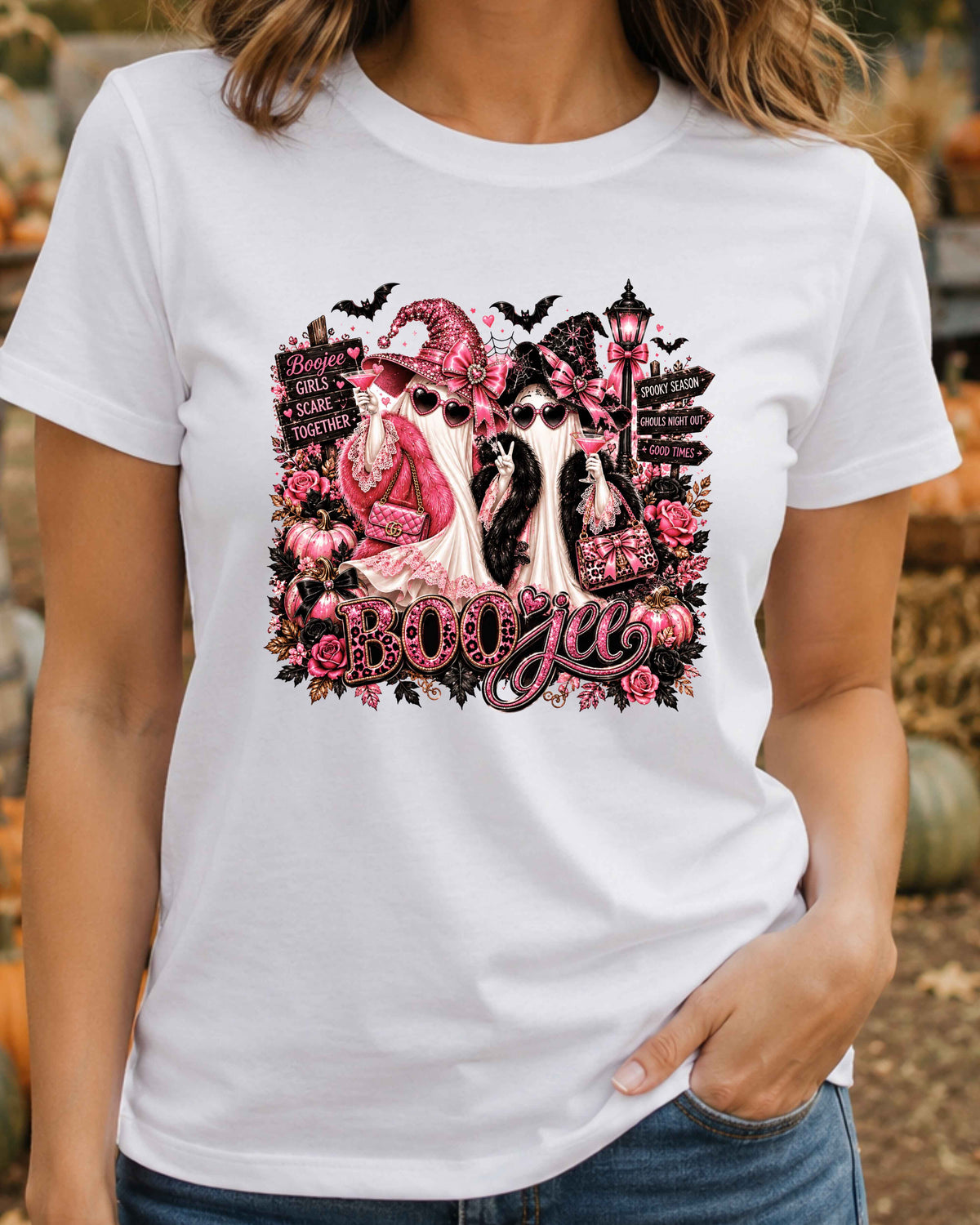 Boojee Ghost Halloween T-Shirt, Pink Spooky Season Shirt, Girls Night Halloween, Glam Ghost Besties T-Shirt