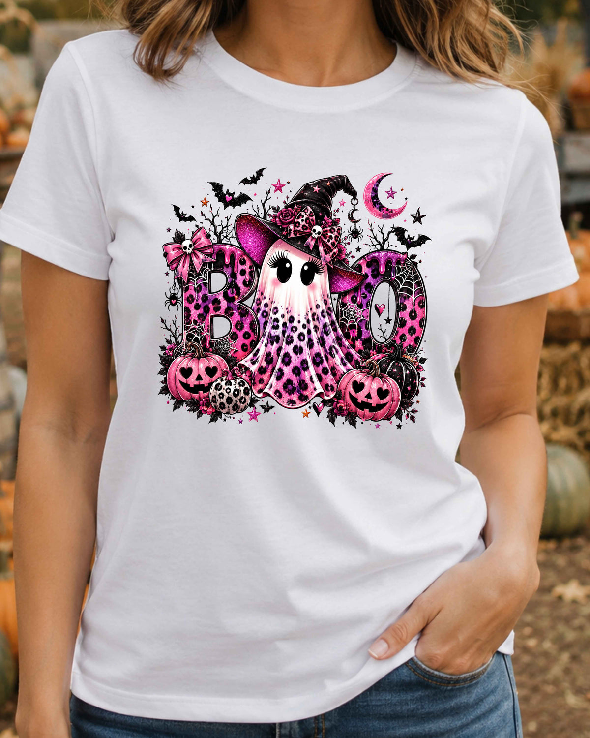 Pink Ghost Halloween Leopard Print Spooky Season T-Shirt