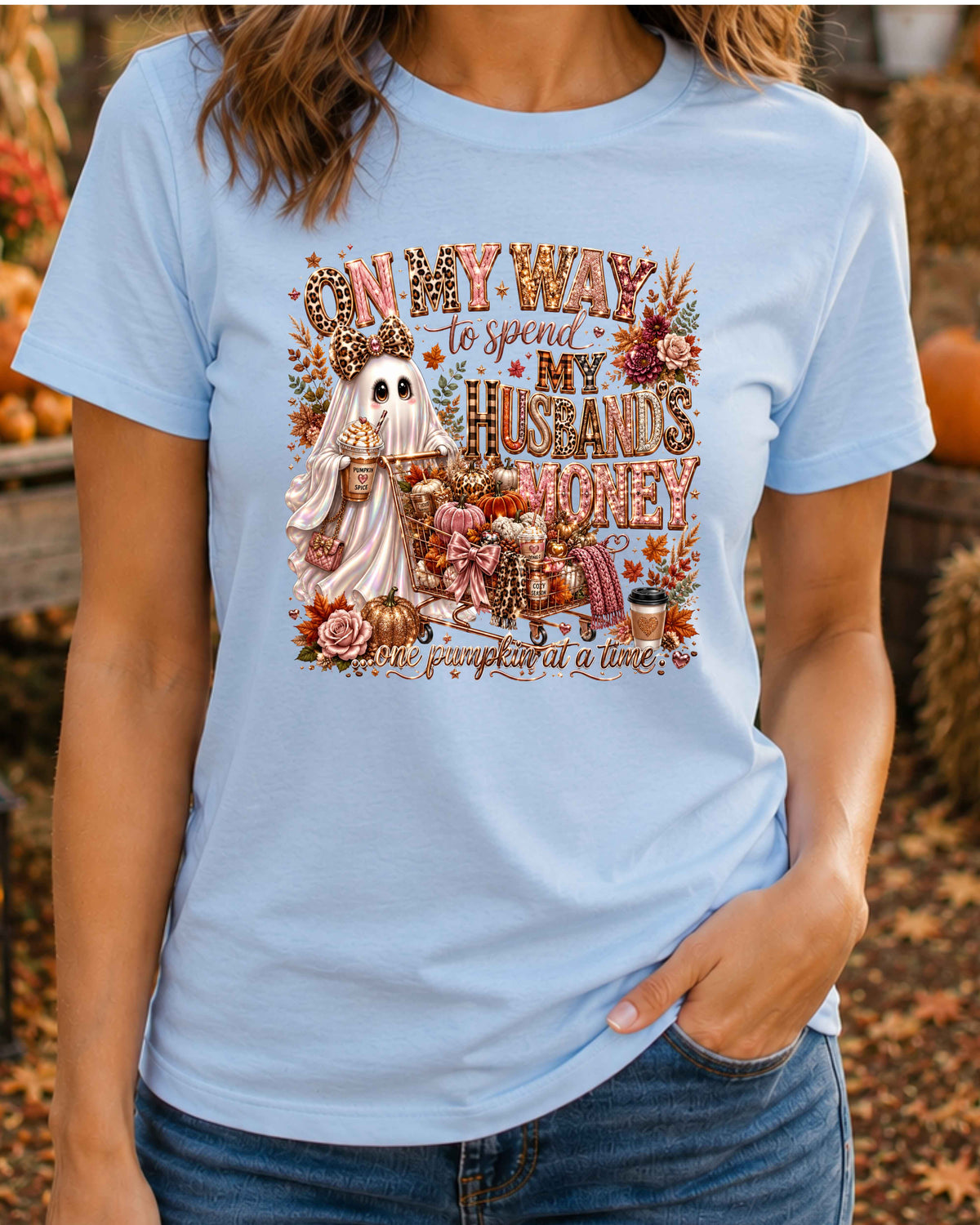 On My Way to Spend My Husband's Money Pumpkin Spice Funny Autumn Ghost T-Shirt