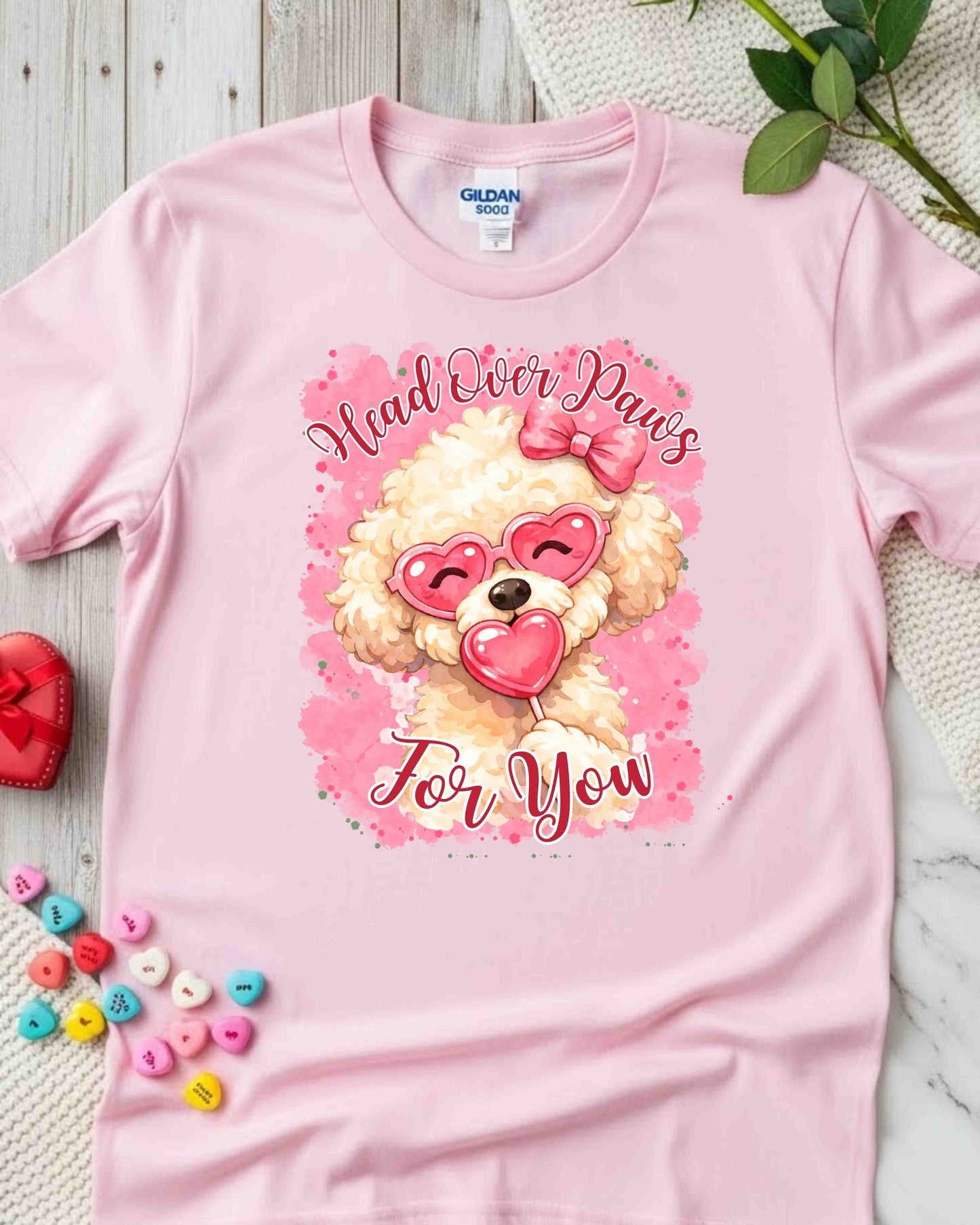 Head Over Paws For You Shirt – Cute Dog Valentine Tee for Women & Teens – Fluffy Pup with Heart Sunglasses Graphic, Romantic Pet Lover T‑Shirt
