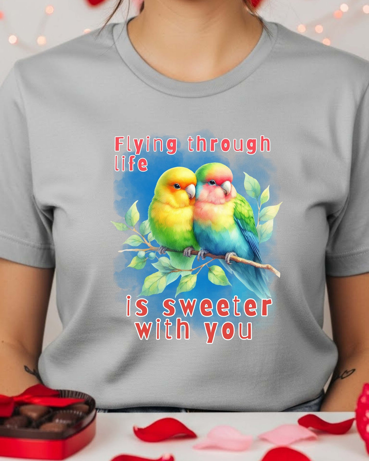Lovebirds Shirt – Romantic Couple Graphic Tee for Women & Teens – “Flying Through Life Is Sweeter With You” T‑Shirt, Cute Valentine & Anniversary Top