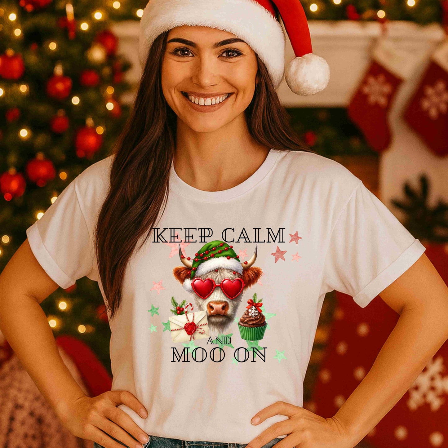 Keep Calm And Moo On Christmas Highland Cow T-Shirt