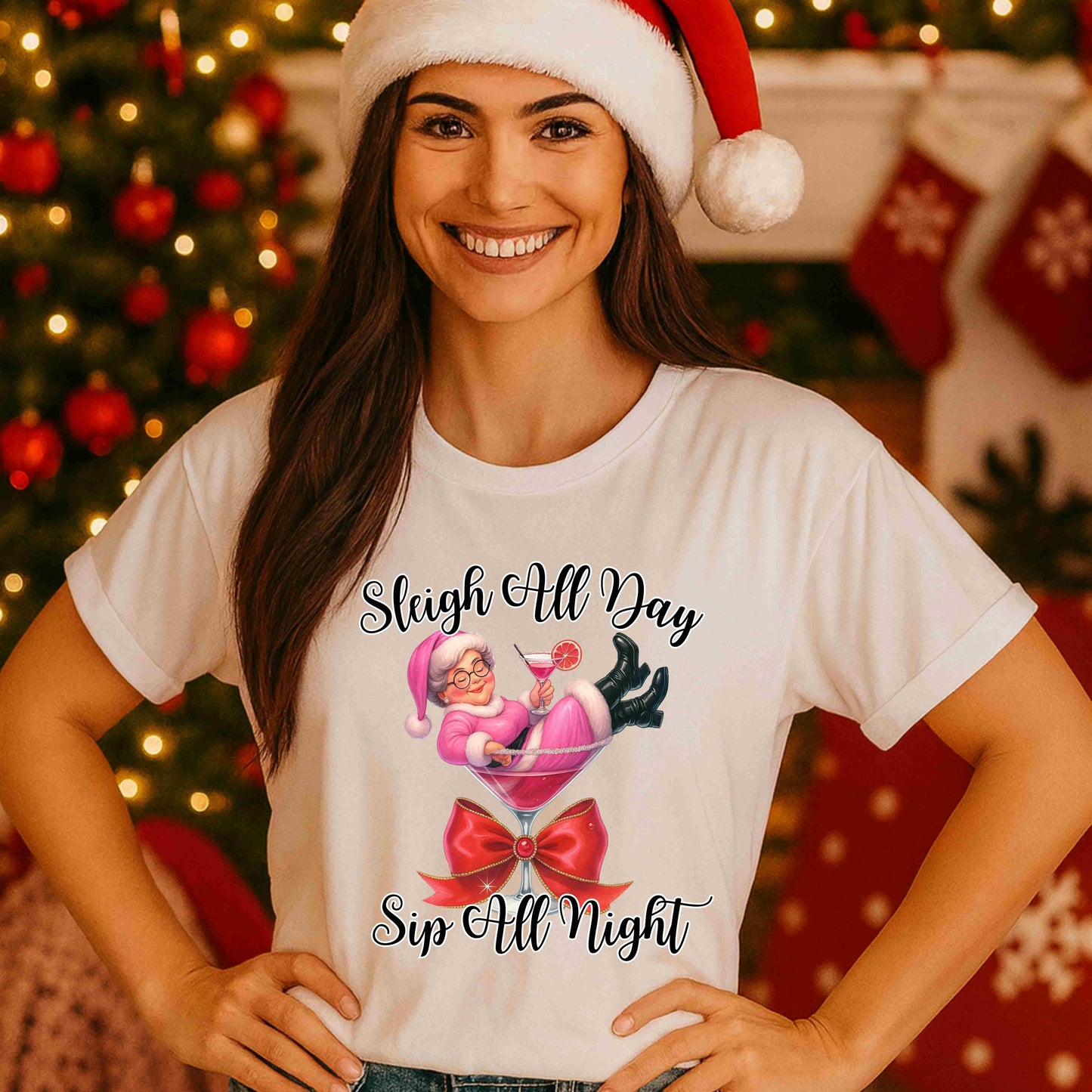 Slay All Day Sip All Night Mrs Santa Christmas T-Shirt