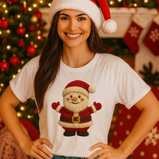 Knitted Santa Christmas Shirt – Cute Retro Holiday Sweater‑Style Tee for Women & Teens – Cozy Vintage Santa Graphic, Festive Christmas Aesthetic Top
