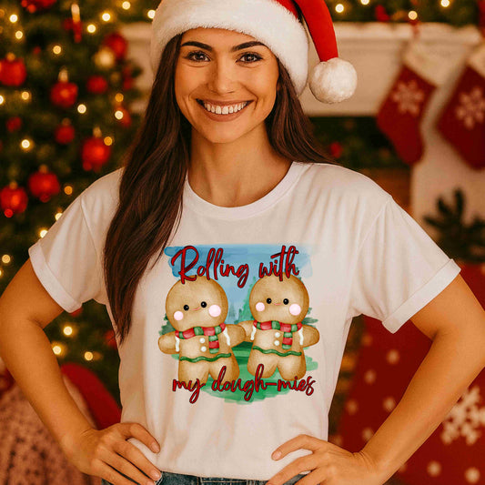 Rolling With My Dough‑mies Christmas Shirt – Funny Gingerbread Cookie Tee for Women & Teens – Cute Holiday Baking Graphic, Festive Pun Christmas Top