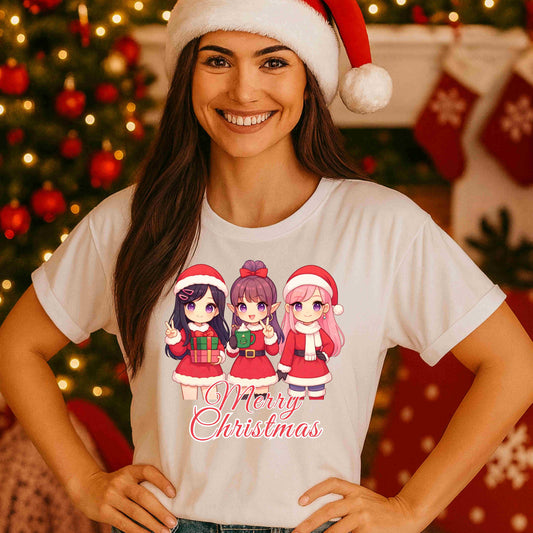 Anime Christmas Shirt – Cute Kawaii Holiday Girls Tee for Women & Teens – Festive Anime Character Trio Graphic, Merry Christmas Aesthetic Top