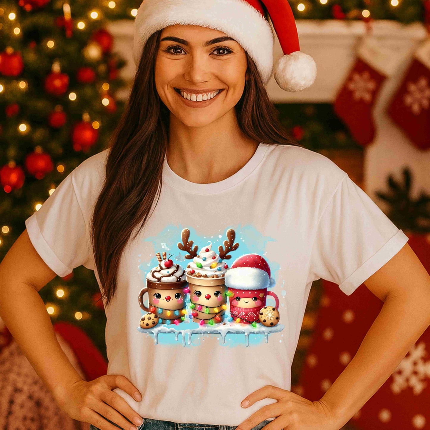 Cute Christmas Cocoa Shirt – Festive Holiday Mug Trio Tee for Women & Teens – Cozy Hot Chocolate Graphic, Sweet Pink Winter Aesthetic Top