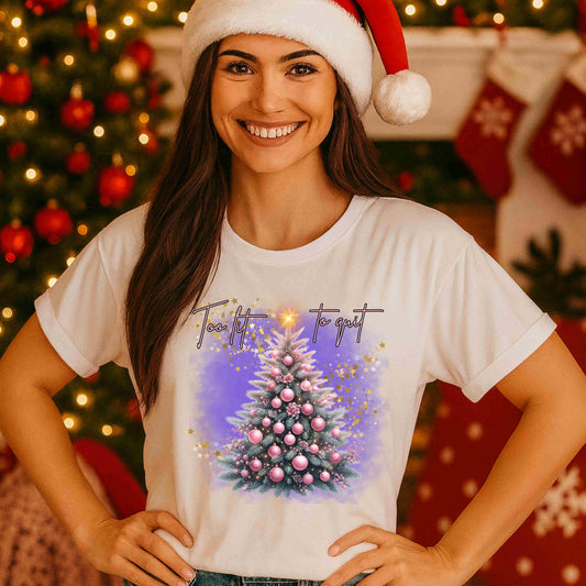 Too Lit to Quit Christmas Shirt – Cute Pink Christmas Tree Tee for Women & Teens – Festive Party Holiday Graphic, Fun Bright Christmas Aesthetic Top