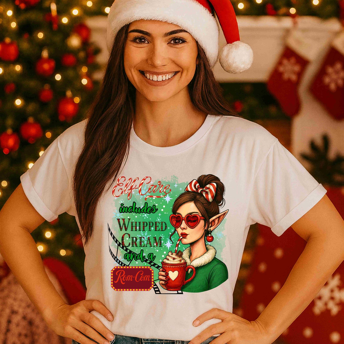 Elf-Care Includes Whipped Cream And A Rom-Com Christmas T-Shirt