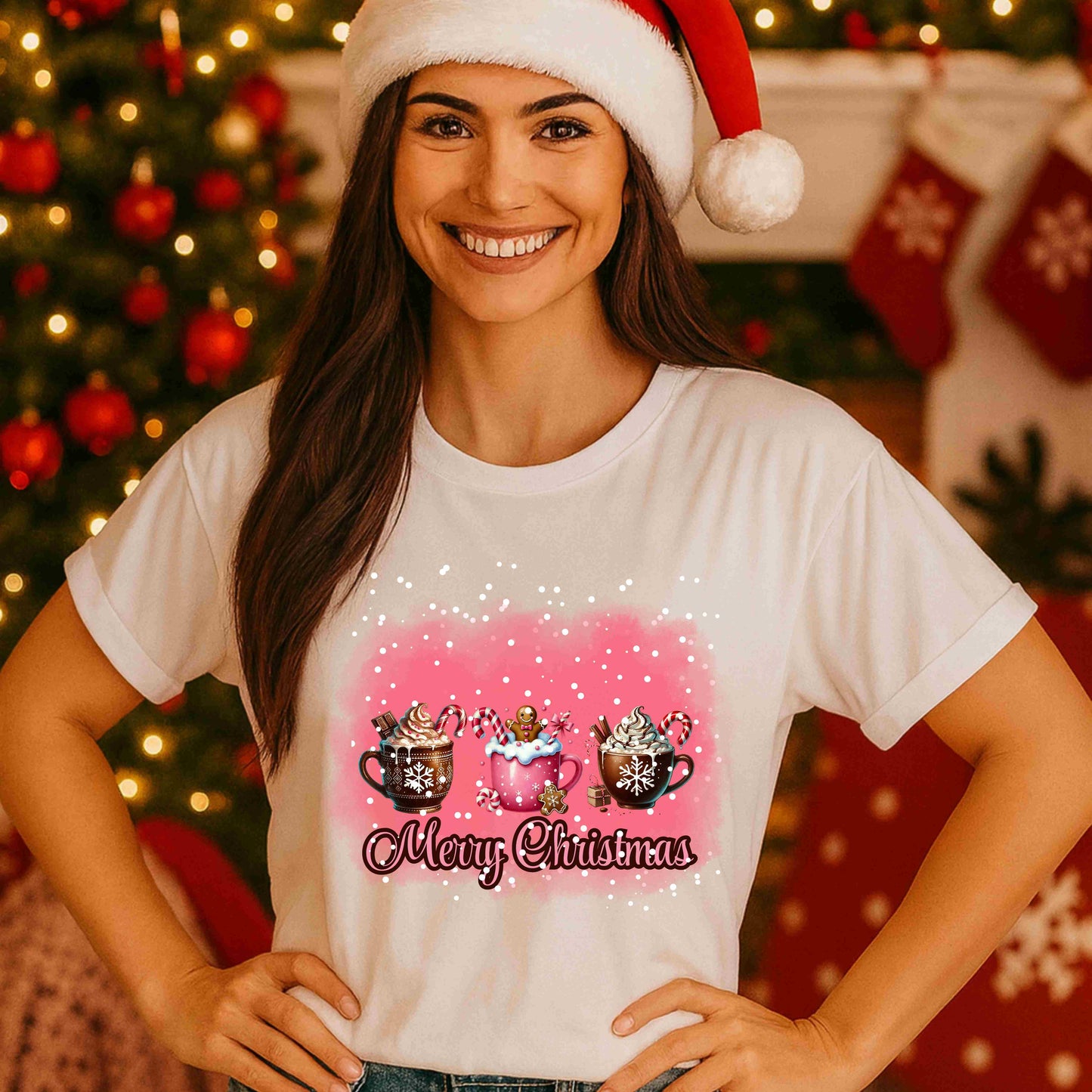 Merry Christmas Hot Cocoa Shirt – Cute Holiday Mug Trio Tee for Women & Teens – Festive Pink Christmas Drinks Graphic, Cozy Winter Aesthetic Top