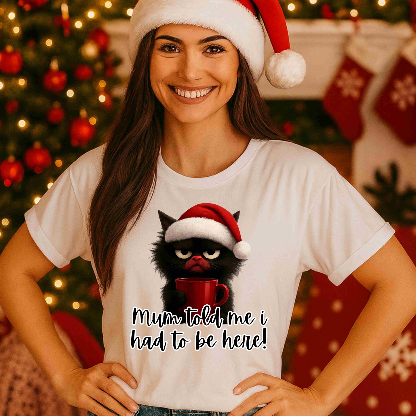 Funny Grumpy Cat Christmas Shirt – “Mum Told Me I Had to Be Here” Tee for Women & Teens – Sarcastic Holiday Cat Lover Graphic, Festive Cozy Season Top