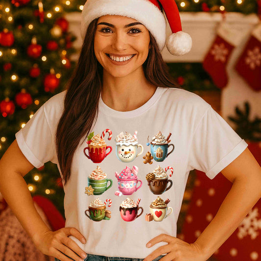 Cute Hot Cocoa Christmas Shirt – Festive Holiday Mug Grid Tee for Women & Teens – Cozy Winter Drinks Graphic, Sweet Christmas Aesthetic Top