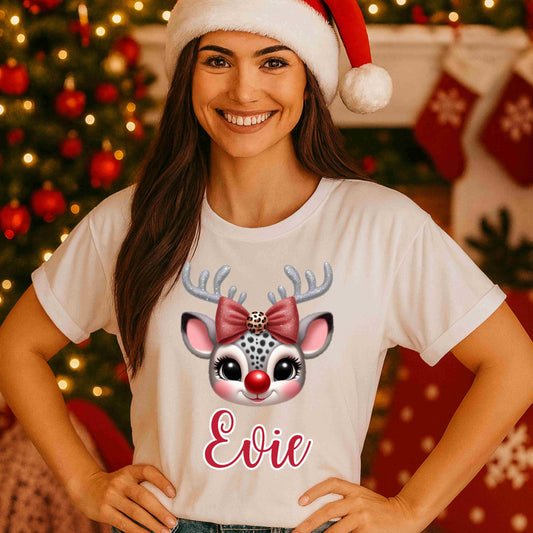Personalized Reindeer Christmas Shirt – Cute Custom Name Reindeer Tee for Women & Kids – Festive Holiday Bow & Antlers Graphic, Cozy Christmas Aesthetic Top