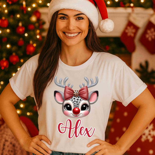 Personalized Reindeer Christmas Shirt – Cute Custom Name Reindeer Tee for Women & Kids – Festive Holiday Bow & Antlers Graphic, Cozy Christmas Aesthetic Top
