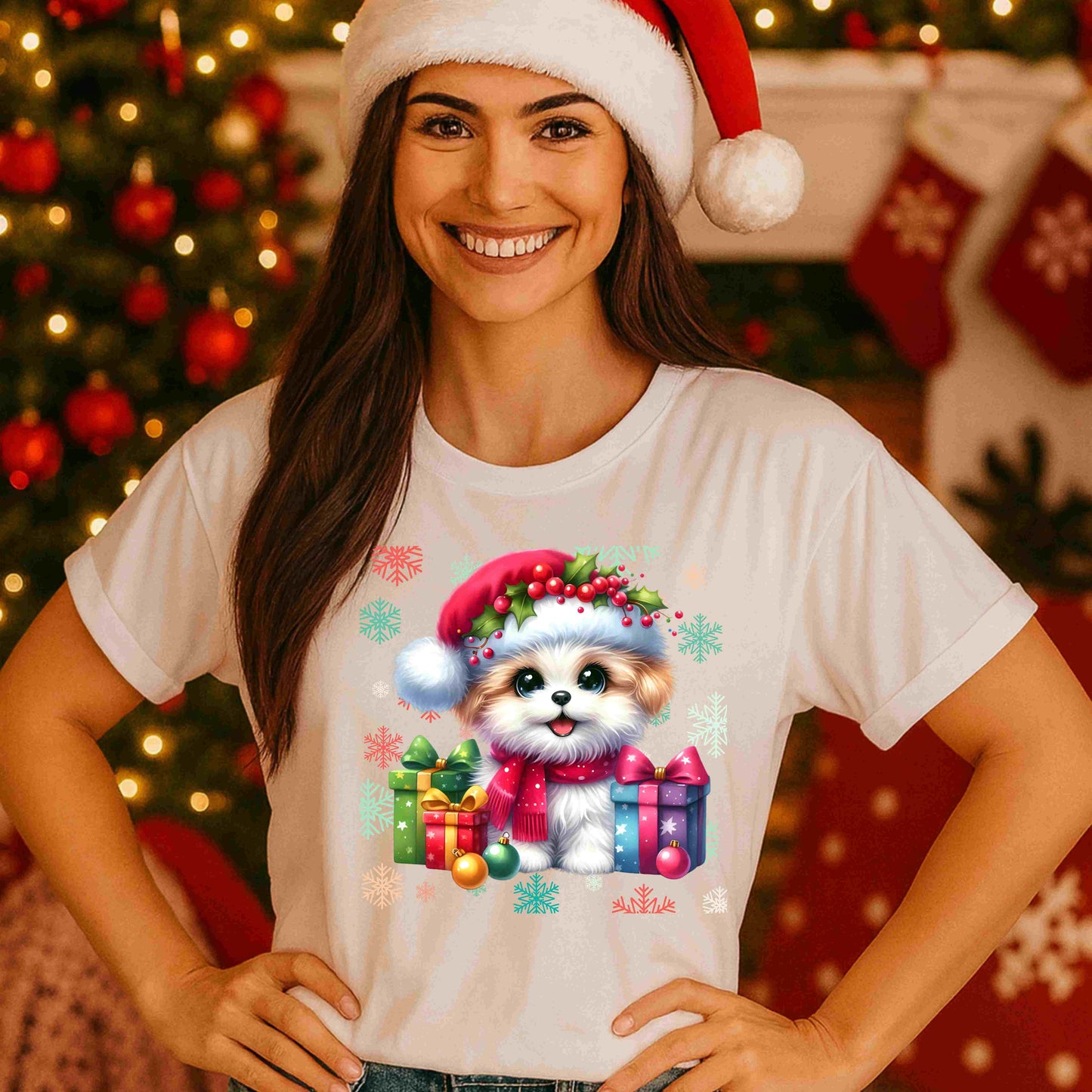Cute Christmas Puppy Shirt – Festive Dog in Santa Hat Tee for Women & Teens – Holiday Pet Lover Graphic, Cozy Merry Christmas Aesthetic Top