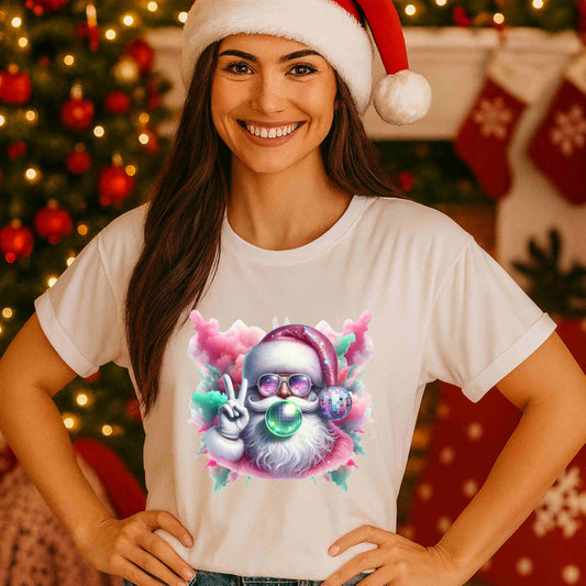 Cool Santa Christmas Shirt – Retro Neon Santa Tee for Women & Teens – Bubblegum Santa Graphic, Funky Festive Holiday Aesthetic Top